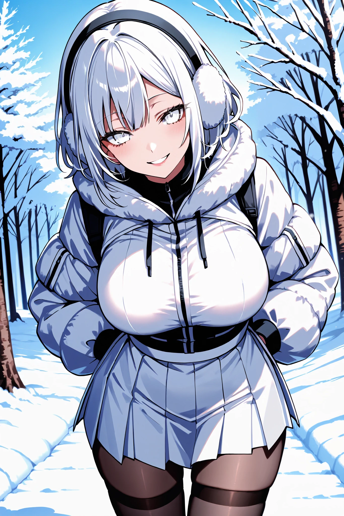 (high quality, 8k, 4K, high contrast, artwork:1.2, high quality, best aesthetics), (centered), ((1 woman)), erotic, sensual, mature body, grown woman, super detailed, beautiful face detailed, beautiful eyes detailed, detailed beautiful mouth, (long wavy white hair), (blue eyes), (freckles), (black eyeliner), (black eyeshadow), (relaxed expression), (piercing gaze), (looking at viewer), (black lipstick), (front view of woman), (standing), (straight body posture), (hands behind the back), (thick white Nike winter jacket), (no pants), (black panties), (in the middle of a frozen forest), (snow), (cold), (white wolf ears), (white wolf tail)
