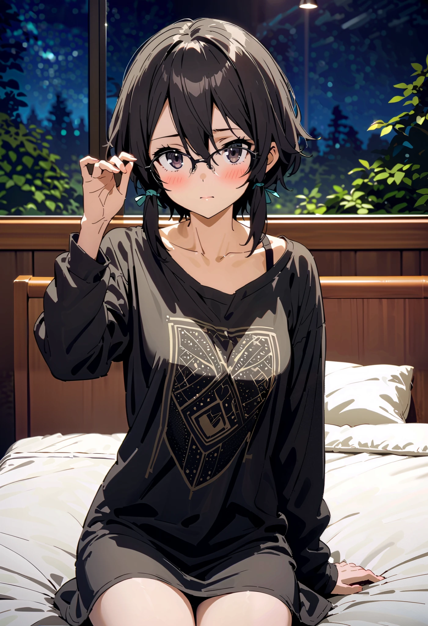 shino asada, hair, short hair, Side Lock,Medium breast, black eyes, black hair ,Glasses, Hair Ribbon ,oversized t-shirt, Long Sleeve,Black string underwear ,blush, beautiful night view with depth,forest, embarrassing, bed during lesbian play,whole bodyがイラストに入るように,
break looking at viewer,whole body,
break indoors,bedroom,
break (masterpiece:1.2), best quality, high resolution, unity 8k 壁紙 , (shape:0.8), ( Attention to Beautiful Details:1.6), very detailed face, perfect lighting, Highly Detailed CG, ( perfect hand, perfect anatomy),,