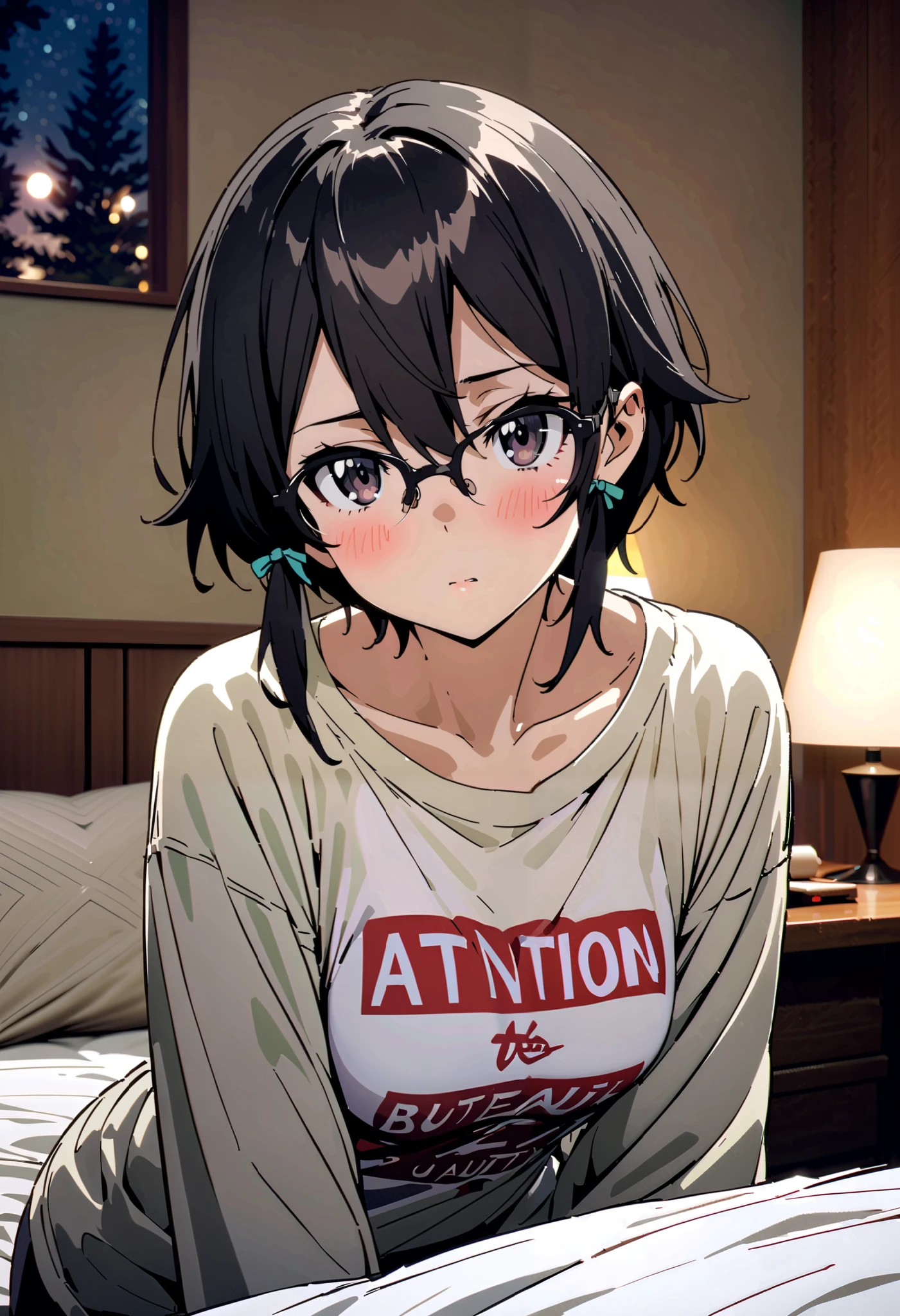 shino asada, hair, short hair , Side Lock,Medium breast, black eyes, black hair ,Glasses, Hair Ribbon ,oversized t-shirt, Long Sleeve,Black string underwear ,blush, beautiful night view with depth,forest, embarrassing, bed during lesbian play,whole bodyがイラストに入るように,
break looking at viewer,whole body,
break indoors,bedroom,
break (masterpiece:1.2), best quality, high resolution, unity 8k 壁紙 , (shape:0.8), ( Attention to Beautiful Details:1.6), very detailed face, perfect lighting, Highly Detailed CG, ( perfect hand, perfect anatomy),,