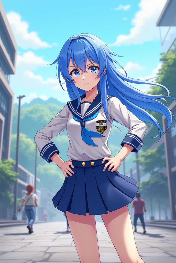 8K, highest quality, masterpiece, super detailed、bright blue hair、medium long hair、full lips、blue eyes、cover your butt with your hands、lipstick、medium breasts、Large hoodie、mini skirt、、I can see pink panties、、arms raised、、perfect hands、detailed hands、whole body、backwards、embarrassing、noon、riding the escalator、Angle looking up from below、