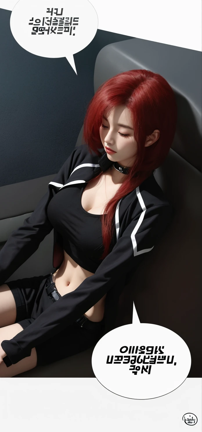 red-haired girl, with bangs big chest and medium ass, no underwear and black shirt, with her ass showing her pussy full of cum, attractive and naughty