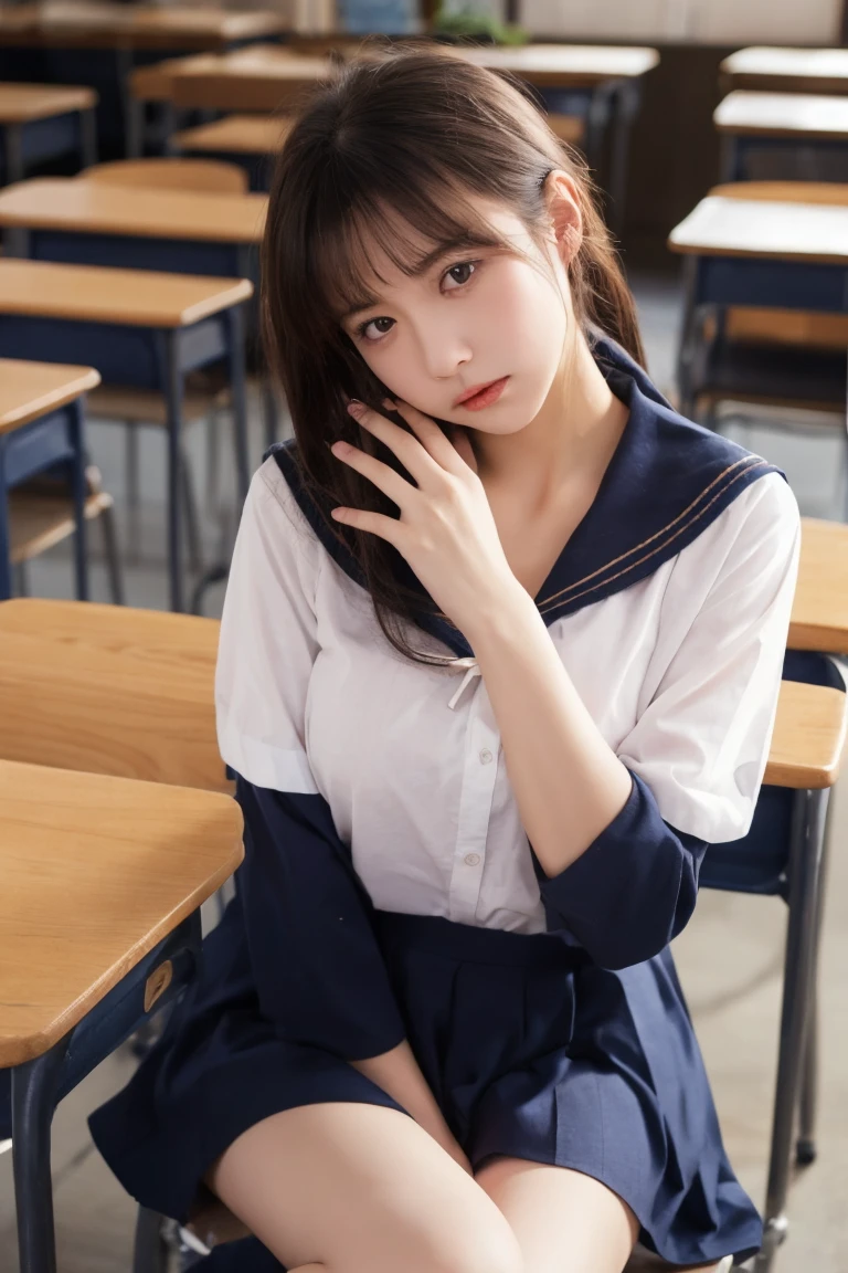 top-quality,ultra-detailliert,masterpiece,realisitic,Photo Real,Bright lighting,1 girl in, an extremely beautiful -yeld gi (kawaii:1.2),Thin smile, (Brown eyes),(brown haired),(bangss),perfect glossy skin,flawless skin,((erotick,Sexy and sexually explicit)),((accurate hands without incongruity)), large full breasts,big breasts thin waist, Look at viewers,((a sailor suit)),((Short sleeve uniform white shirt)),(red necktie),(Blue Mini Pleated Skirt),(((skirt lift by yourself))),(lifted by self),(Showing panties),panties on,panties focus,((Sit up,spread legswide)), sockes, (Black knee socks),(Loafer shoes), during daytime,On the train,Horizontal long seat with your back to the window