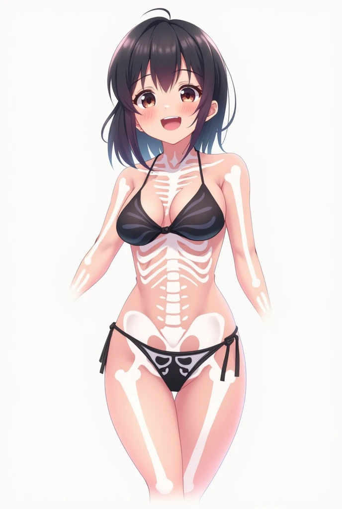 <lora:skeleleo2-10:0.6>, (skeleton leotard), large breasts, blue eye, black hair, smile, lips, outdoors, mountain, hairband, bob cut,