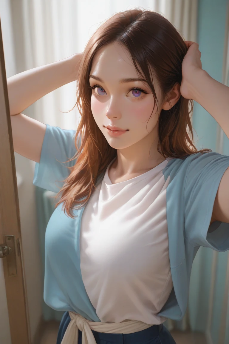 a cute girl, blue eyed, pink and long hair, breast, full body, Wearing a t-shirt, Watching TV, by style of onii kei, dreamy and romantic, light gray and light amber, jagged edges, light teal and light red, timeless beauty, 8k