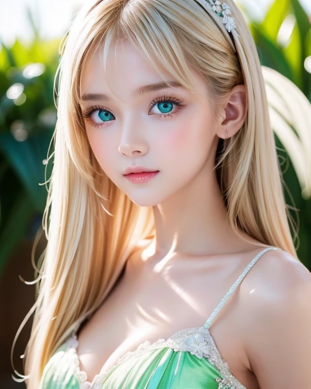 A 14-year-old beautiful girl with shiny bright blonde hair.、kawaii,Adorable, Face Focus , Ruffled Summer Dresses, Nordic bright blonde girl, Super long bright shiny blonde hair、Blonde color that changes from different angles、Low contrast, (Smile:0.8), huge tit、 hair scrunchie, Best Quality, 超A high resolution, photographrealistic, ultra-detailliert, 8K, Raw photo, masuter piece、Very beautiful, bright, pale sky blue, and very large eyes.、very big eyes、White shiny skin、cheek gloss highlight、Small Face Beautiful Girl、eye liner、blonde hair above the eyes、片blonde hair above the eyes、bangs between the eyes、