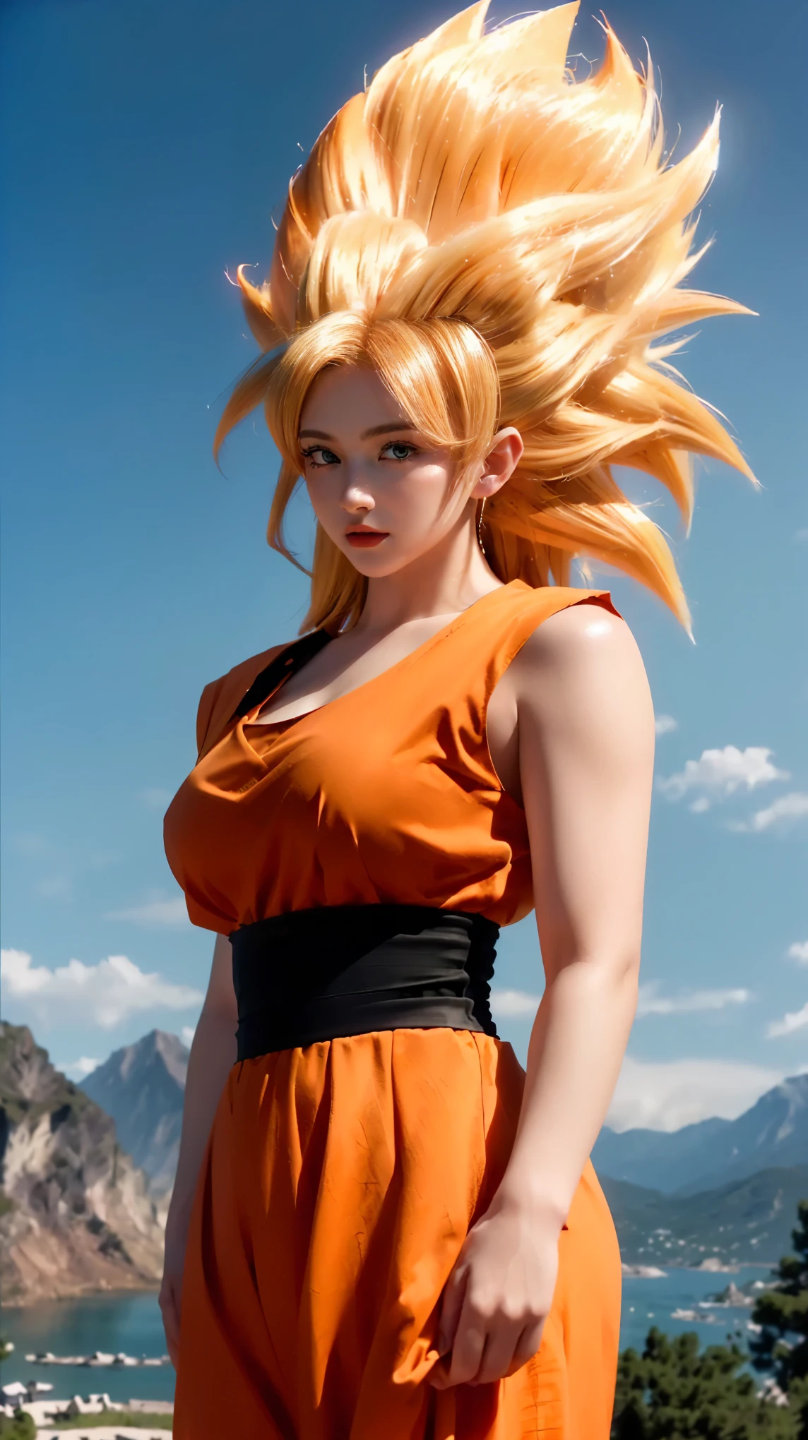 a close up of a woman in a dress with a dragon on her head, big breasts, firm breasts, thin lips, shiny lips, sexy body, russian , blue eyes, saiyan girl, female goku, anime girl in real life, anime cosplay, character dragonball, anime girl cosplay, full-cosplay, hyper realistic, realistic style, professional cosplay, human goku, photorealistic human goku, realistic cosplay, goku from dragon ball. soft lighting (((professional))), realistic.