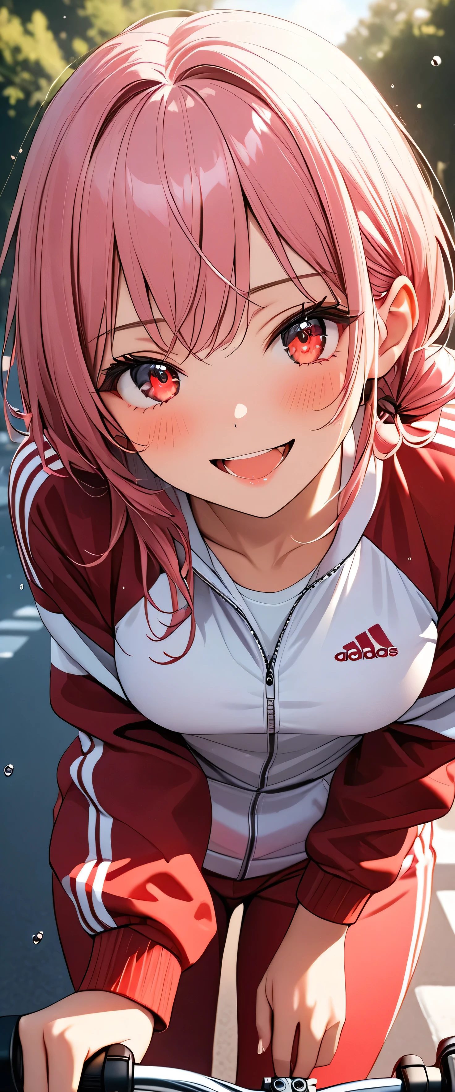 (beautiful girl: 1.3),1girl,masterpiece, Highest quality, Ultra-high resolution,rich contrast,super high quality,8k,Highly detailed CG unit wallpaper,texture,Incredibly absurd,Ultra-high resolution,RAW Photos,Depth of Field 1.2,Pink Hair, (low twintails),(Red sweatpants:1.3), (The jacket is a red track jacket.: 1.3),Ultra-detailed eyes,Red Eyes,(sensuous),Excited,Glowing Skin,blush,Sigh,((Sweat)),(Wet),she is riding a bicycle,Ass close up,Big Ass,Light of the sun, ,Big smile,closed mouth