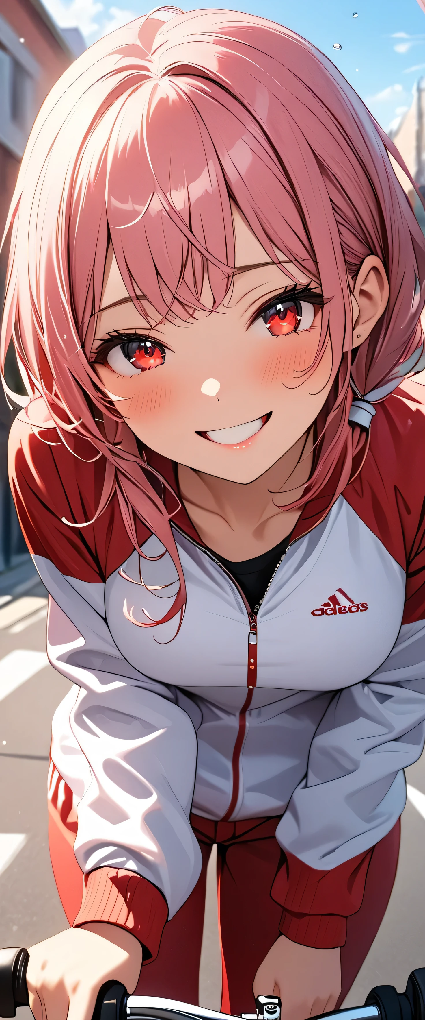 (beautiful girl: 1.3),1girl,masterpiece, Highest quality, Ultra-high resolution,rich contrast,super high quality,8k,Highly detailed CG unit wallpaper,texture,Incredibly absurd,Ultra-high resolution,RAW Photos,Depth of Field 1.2,Pink Hair, (low twintails),(Red sweatpants:1.3), (The jacket is a red track jacket.: 1.3),Ultra-detailed eyes,Red Eyes,(sensuous),Excited,Glowing Skin,blush,Sigh,((Sweat)),(Wet),she is riding a bicycle,Ass close up,Big Ass,Light of the sun, ,Big smile,closed mouth