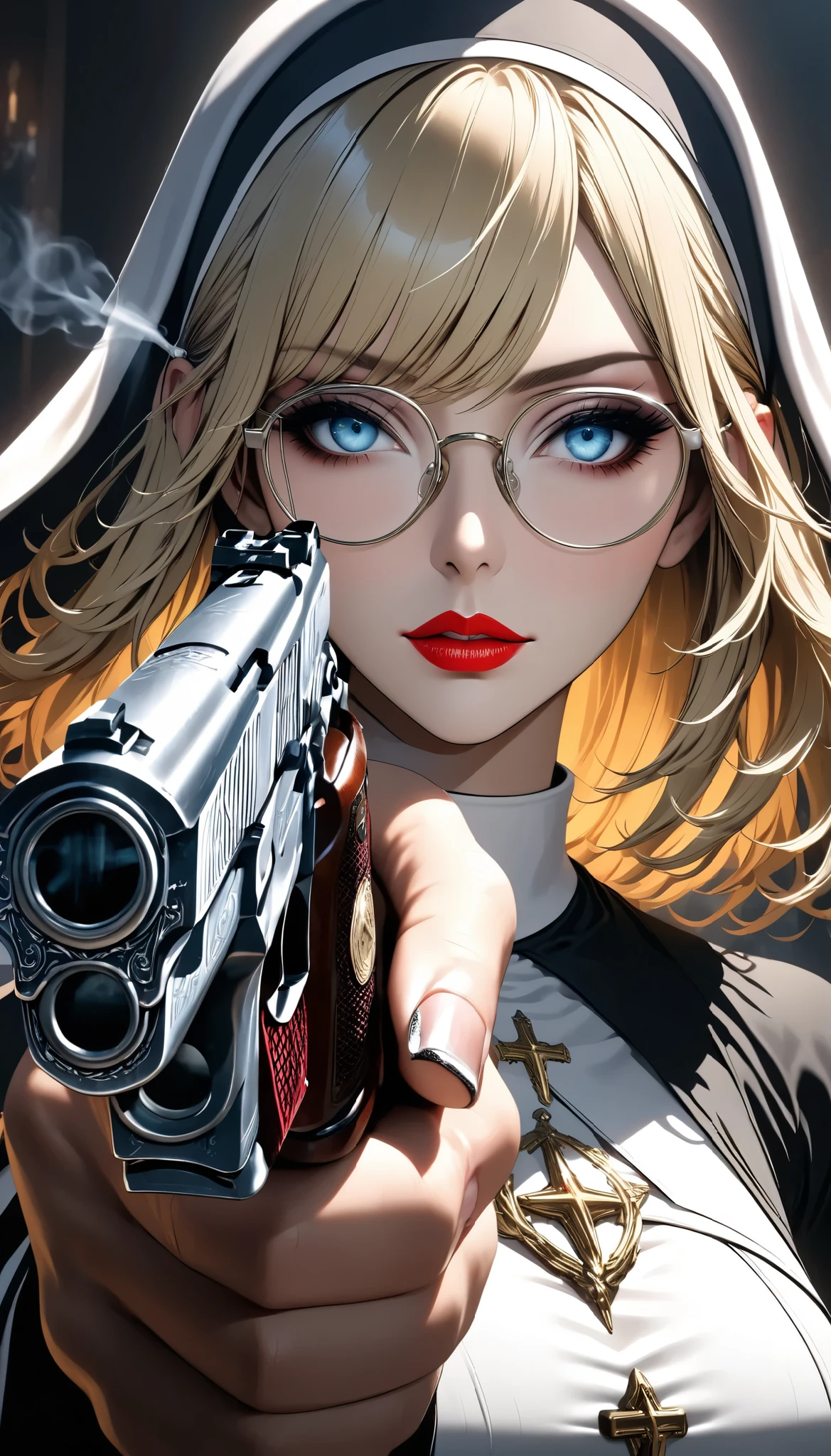 (SFW)super realism、blond nun with glasses、bad、 highdetailed plus cigarette、holding weapon, handgun, holding gun, aiming at viewer, revolver, finger on trigger.highdetailed gun and hand、 PERFECT ANATOMY、Perfect Lady Beautyfinger.nail、Gun texture 、epic