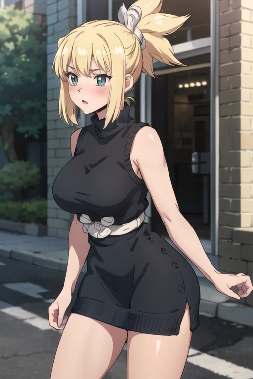 1 girl, solo, shushu suruga, masterpiece, best quality, absurd, short blonde hair, from behind, (yellow summer dress), sundress, cleavage, exposed sword, green eyes, bob cut, black headband, black bow , big breasts, medium waist, wide hips, medium thighs, perfect hands, perfect anatomy