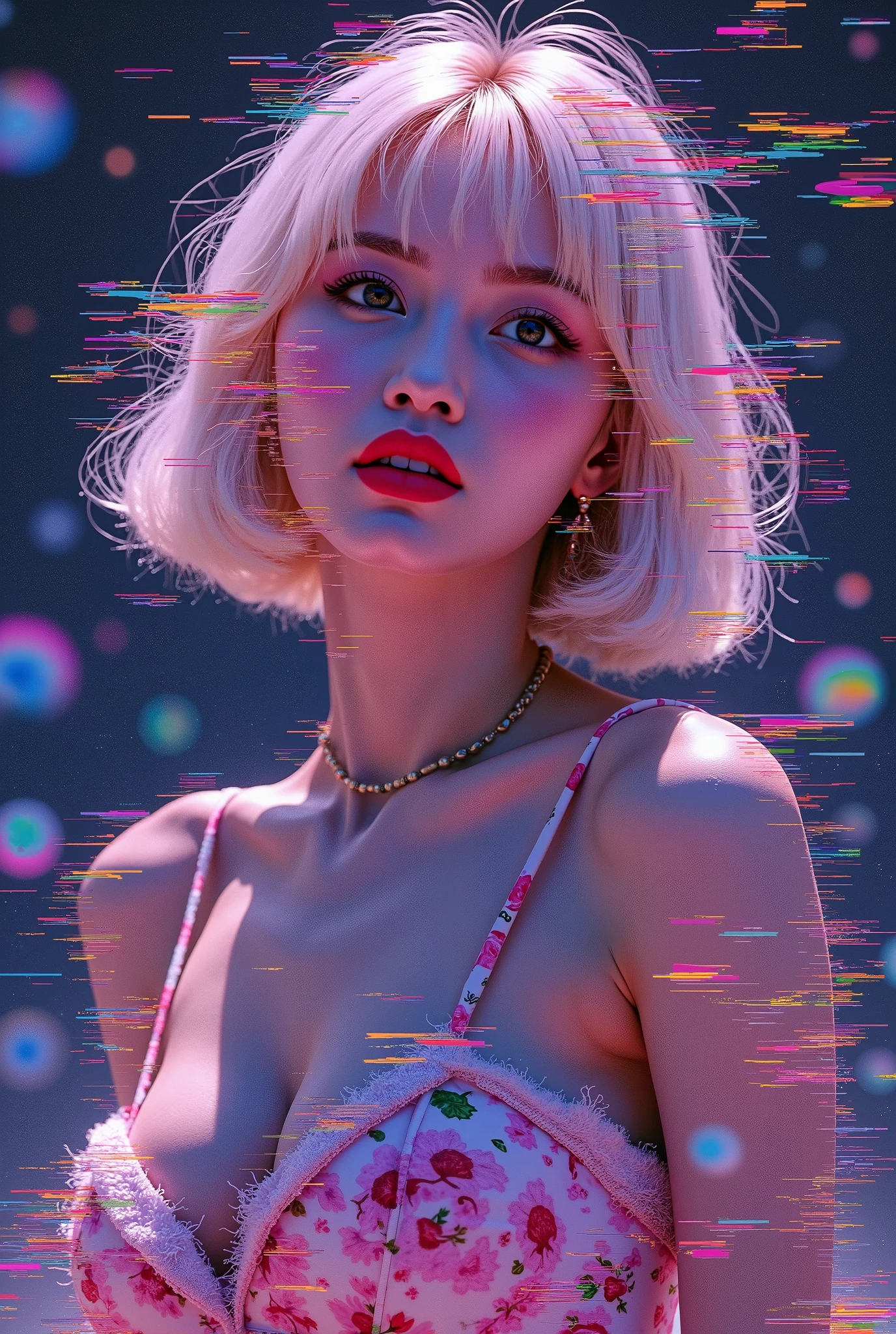 (Masterpiece, top quality, best quality, official art, beautiful and aesthetic:1.2), 1 girl, glitch art, (Digital distortion), pixelated Fragments, Data corruption,colorful noise, Visual Chaos,Contemporary aesthetics,Big , redlips , purple rain , momo, short blonde hair,