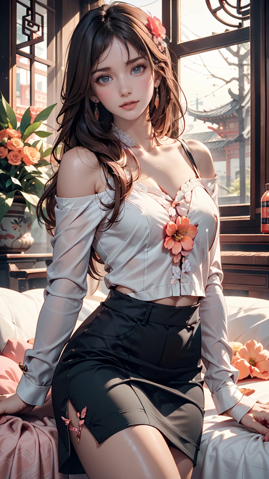 24-year-old woman、Sexy proportions、Narrow waist、slender、Sexy、Lace fabric high neck top、Long sleeves(Covered to the fingertips)、Longer length、Low rise leggings、Touching your hair、Blooming flower garden background