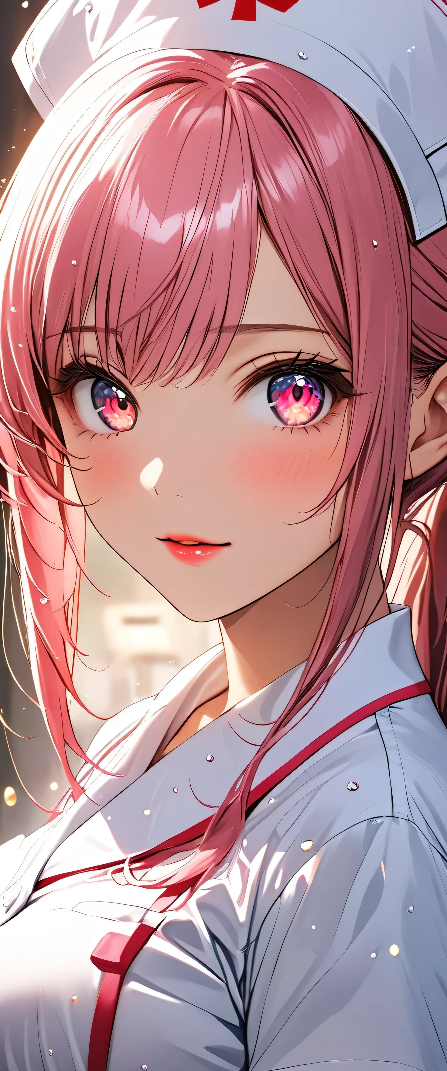 (beautiful girl:1.3),masterpiece,Please redeem,Ultra-high resolution,rich contrast,Very high quality,8k,Highly detailed CG unit wallpaper,Texture,So ridiculous,RAW Photos,Highest quality anime,anime-style illustration,studio anime style,professional photograph,an extremely delicate and beautiful,Depth of written boundary 1.2,ultra-detailed eyes,Glowing Skin,Glitter Effect,Beautiful glossy lips,Big eyes,Round eyes,(Bright pink hair,ponytail),nurse uniform,Nurse working at the hospital,white nurse uniform,Large Breasts,(大きくて丸いお尻), Wet lips,extreme close-up,((peace sign))