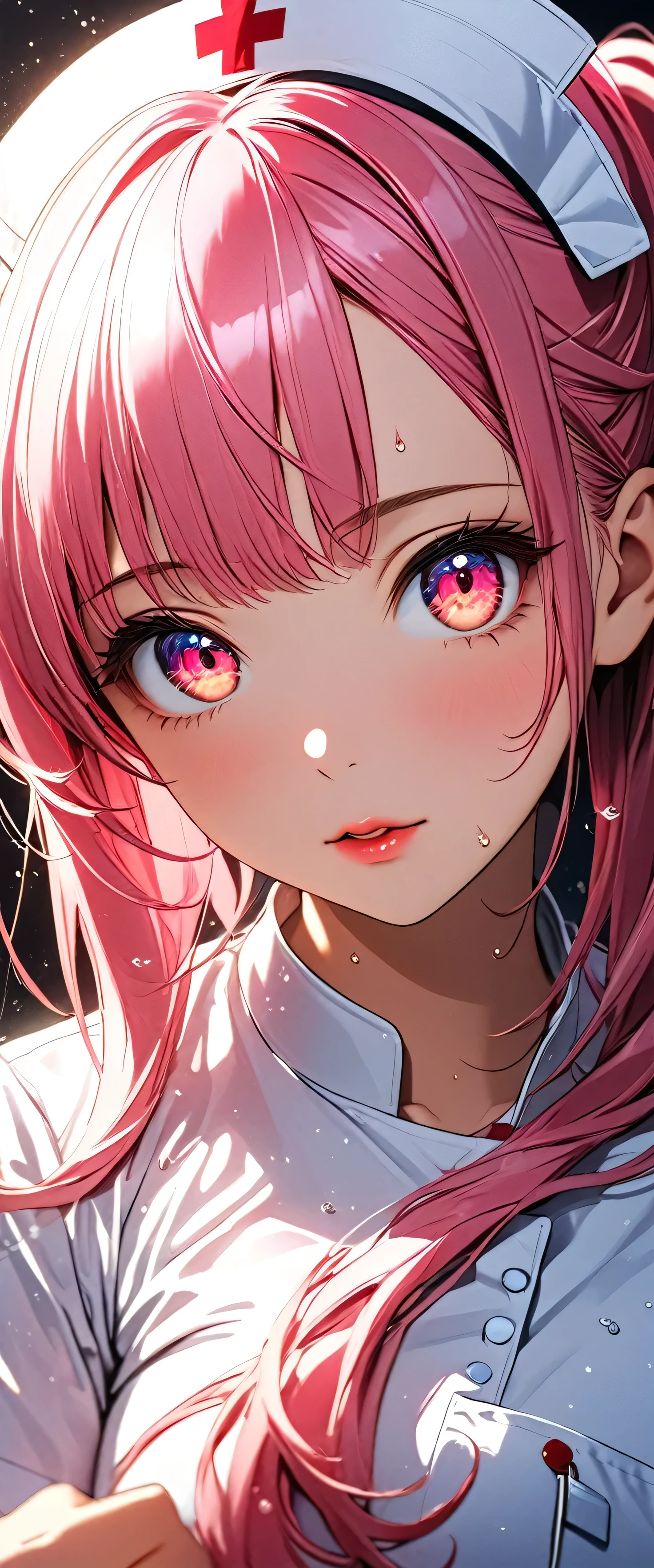 (beautiful girl:1.3),masterpiece,Please redeem,Ultra-high resolution,rich contrast,Very high quality,8k,Highly detailed CG unit wallpaper,Texture,So ridiculous,RAW Photos,Highest quality anime,anime-style illustration,studio anime style,professional photograph,an extremely delicate and beautiful,Depth of written boundary 1.2,ultra-detailed eyes,Glowing Skin,Glitter Effect,Beautiful glossy lips,Big eyes,Round eyes,(Bright pink hair,ponytail),nurse uniform,Nurse working at the hospital,white nurse uniform,Large Breasts,(大きくて丸いお尻), Wet lips,extreme close-up,((peace sign))