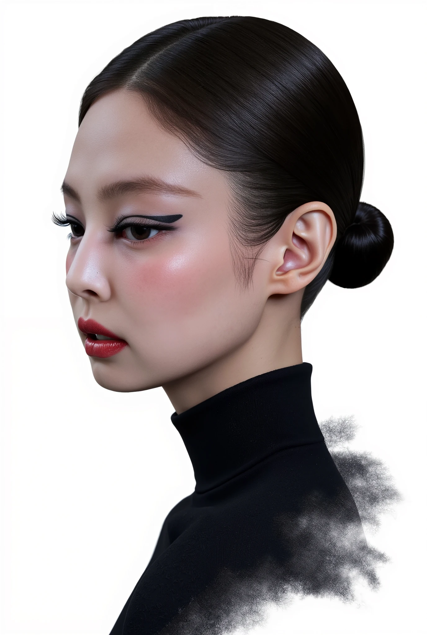 Visually captivating artwork, with skillful use of color, composition, and light. Innovative artwork, showcasing unique and imaginative concepts. ( the villain from god of war game), (hyperrealism), (high-detailed) Emotionally resonant artwork, effectively conveying a narrative. Bust profile image, plain white background, Gothic girl, pale black hair, sexy and merciless eyeliner, sadistic and sad look, imposing expression, red eyes, Illustration of dramatis personae, book illustration, jennie kim ,