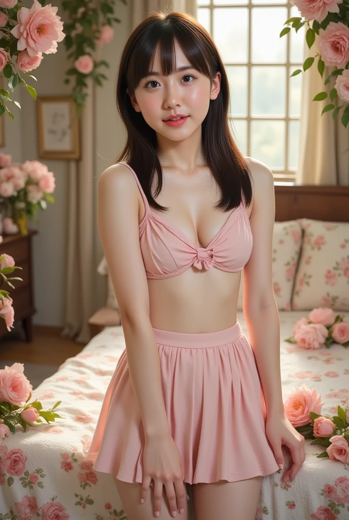 ((face the front))、(highest quality、masterpiece)、NSFW、Stylish nudity、((Wear a semi-transparent cloth))、embarrassing、blush、Female photographer、stylish room、cute room、Life、photo collection for girls、8k、flower crown、looking at the viewer、wavy hair、laughter、open your mouth and smile、smile、Good atmosphere on site