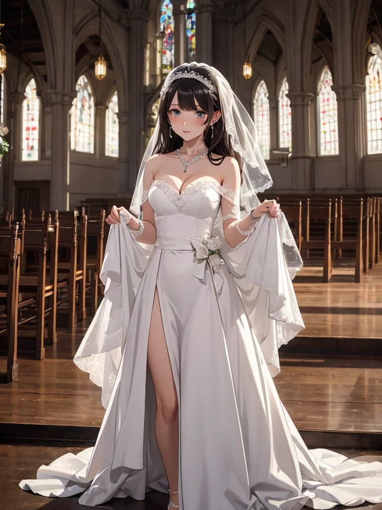 Highest Resolution,Highest quality,1People Girls,beautiful girl,Full body close-up,The body is frontal,looking at the camera,Standing posture,Crying face,Tears,Stringy saliva,Open your mouth,Sticking out tongue,Saliva,Tears overflow,Dripping a lot of saliva,Drooling,In a dress at church at night,Wedding dress,