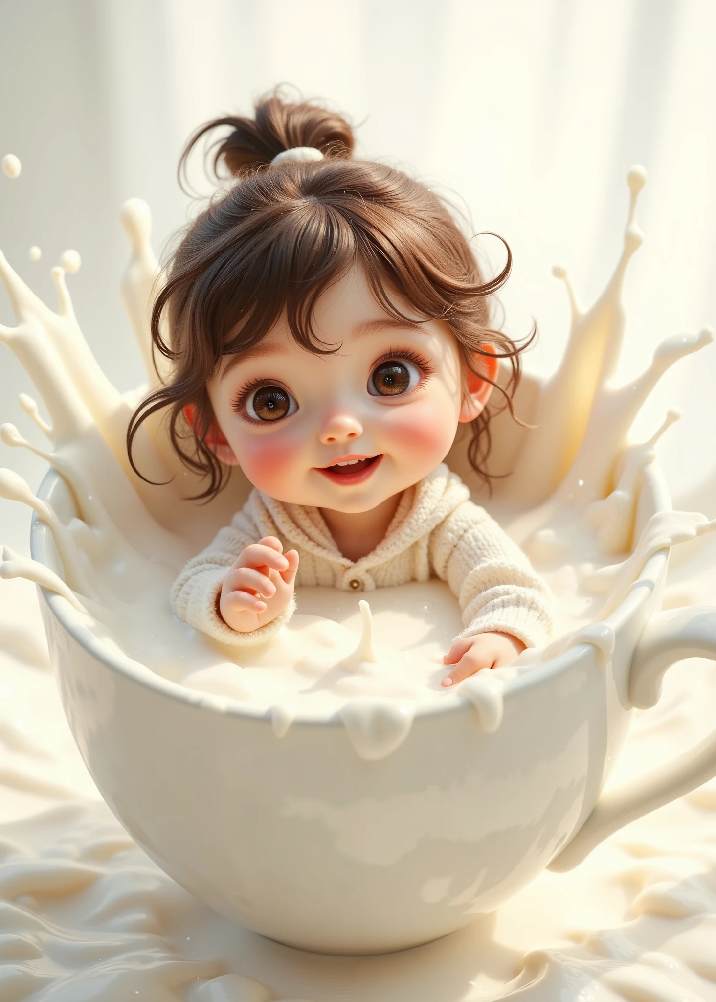 cute girl soaking in the milk inside the cup、Realistic、Smiling and hanging her hand on the rim of the cup