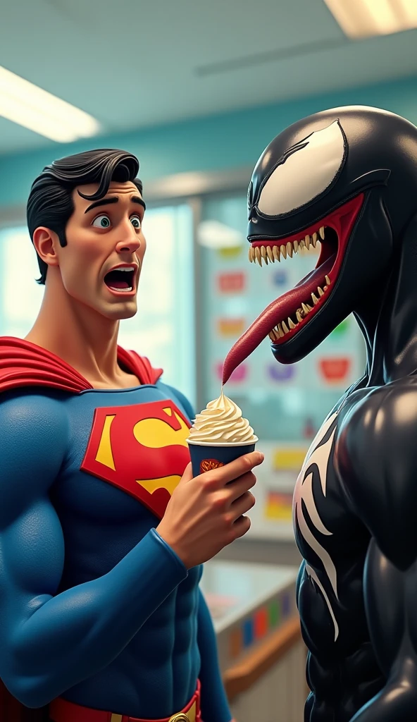 Create a realistic image of Marvel Venom(Marvel Venom Features) ice cream seller, ice cream cart with VENOM ICE CREAM written on it, serving children