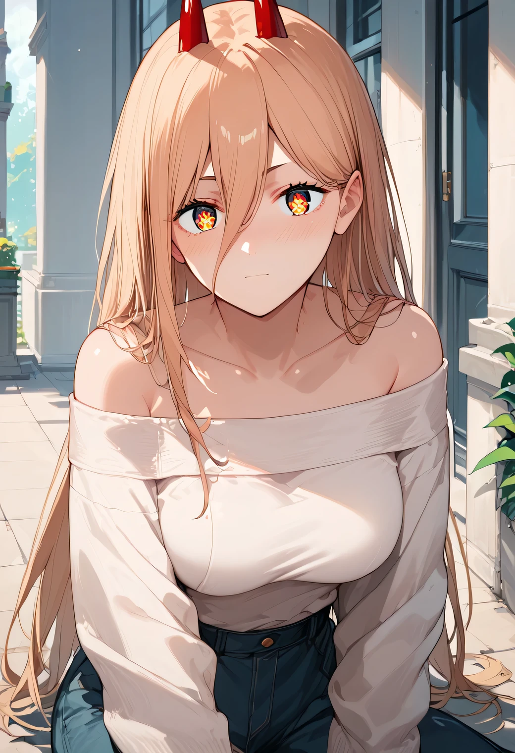 score_9, score_8_up, score_7_up,source_anime, high res image,masterpiece,best quality,(girl:1.0),cute face,clear skin,shiny hair,ultra detailed eyes,simple background, off-shoulder sweater, p0w3r0x1, long hair, blonde hair, red horns,demon pupils, large breasts, nose blush, looking at viewer,