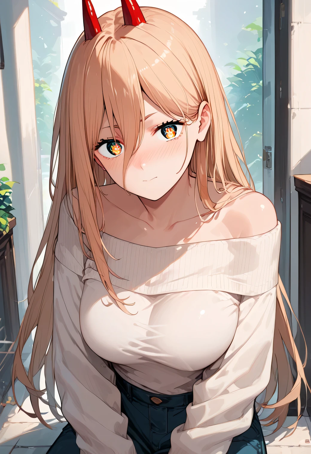 score_9, score_8_up, score_7_up,source_anime, high res image,masterpiece,best quality,(girl:1.0),cute face,clear skin,shiny hair,ultra detailed eyes,simple background, off-shoulder sweater, p0w3r0x1, long hair, blonde hair, red horns,demon pupils, large breasts, nose blush, looking at viewer,