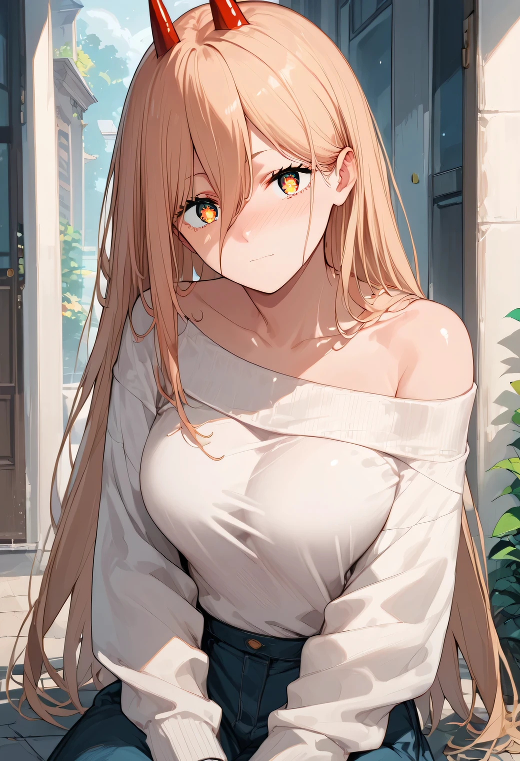 score_9, score_8_up, score_7_up,source_anime, high res image,masterpiece,best quality,(girl:1.0),cute face,clear skin,shiny hair,ultra detailed eyes,simple background, off-shoulder sweater, p0w3r0x1, long hair, blonde hair, red horns,demon pupils, large breasts, nose blush, looking at viewer,