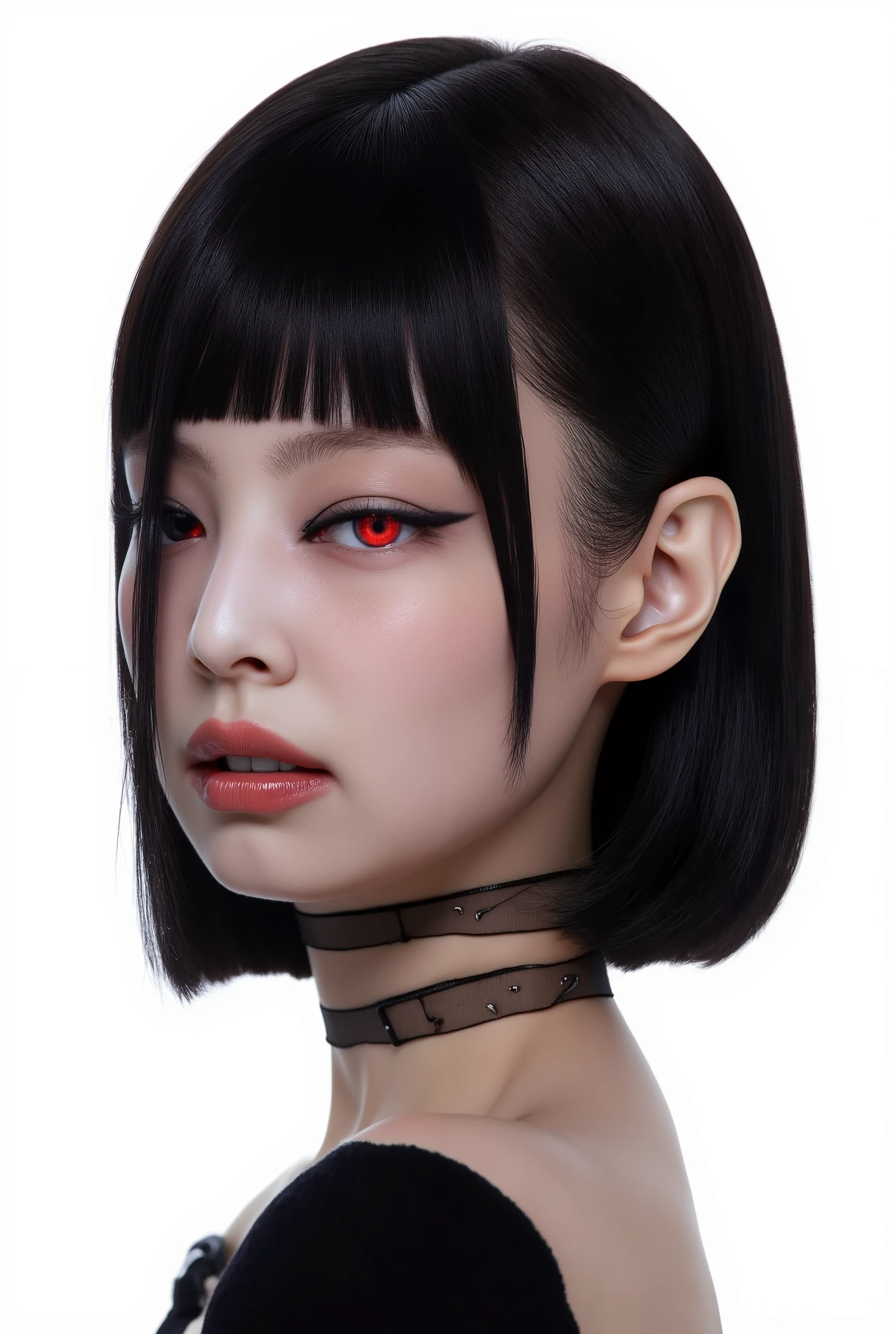 Visually captivating artwork, with skillful use of color, composition, and light. Innovative artwork, showcasing unique and imaginative concepts. ( the villain from god of war game), (hyperrealism), (high-detailed) Emotionally resonant artwork, effectively conveying a narrative. Bust profile image, plain white background, Gothic girl, pale black hair, sexy and merciless eyeliner, sadistic and sad look, imposing expression, red eyes, Illustration of dramatis personae, book illustration, jennie kim ,