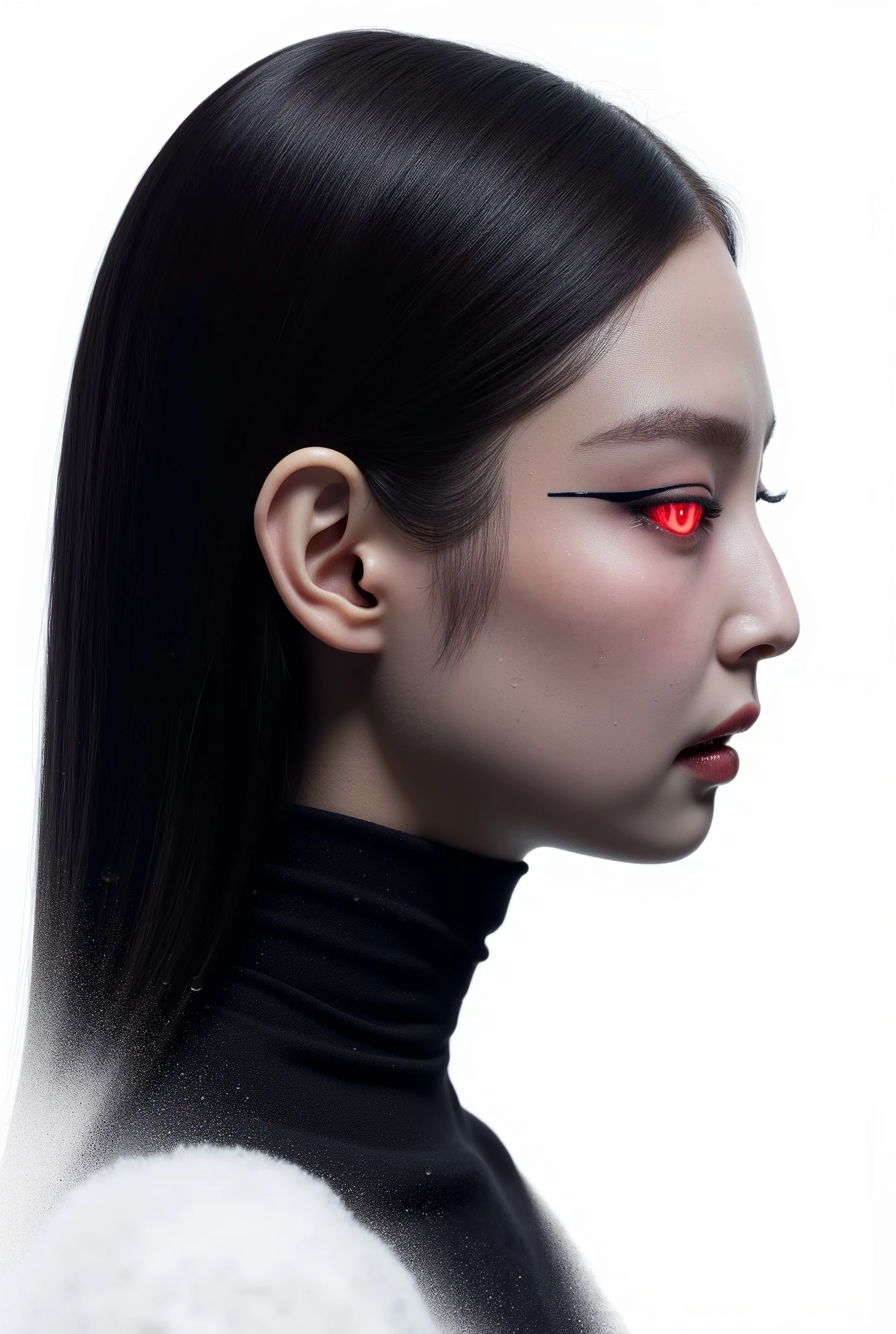 Visually captivating artwork, with skillful use of color, composition, and light. Innovative artwork, showcasing unique and imaginative concepts. ( the villain from god of war game), (hyperrealism), (high-detailed) Emotionally resonant artwork, effectively conveying a narrative. Bust profile image, plain white background, Gothic girl, pale black hair, sexy and merciless eyeliner, sadistic and sad look, imposing expression, red eyes, Illustration of dramatis personae, book illustration, jennie kim ,