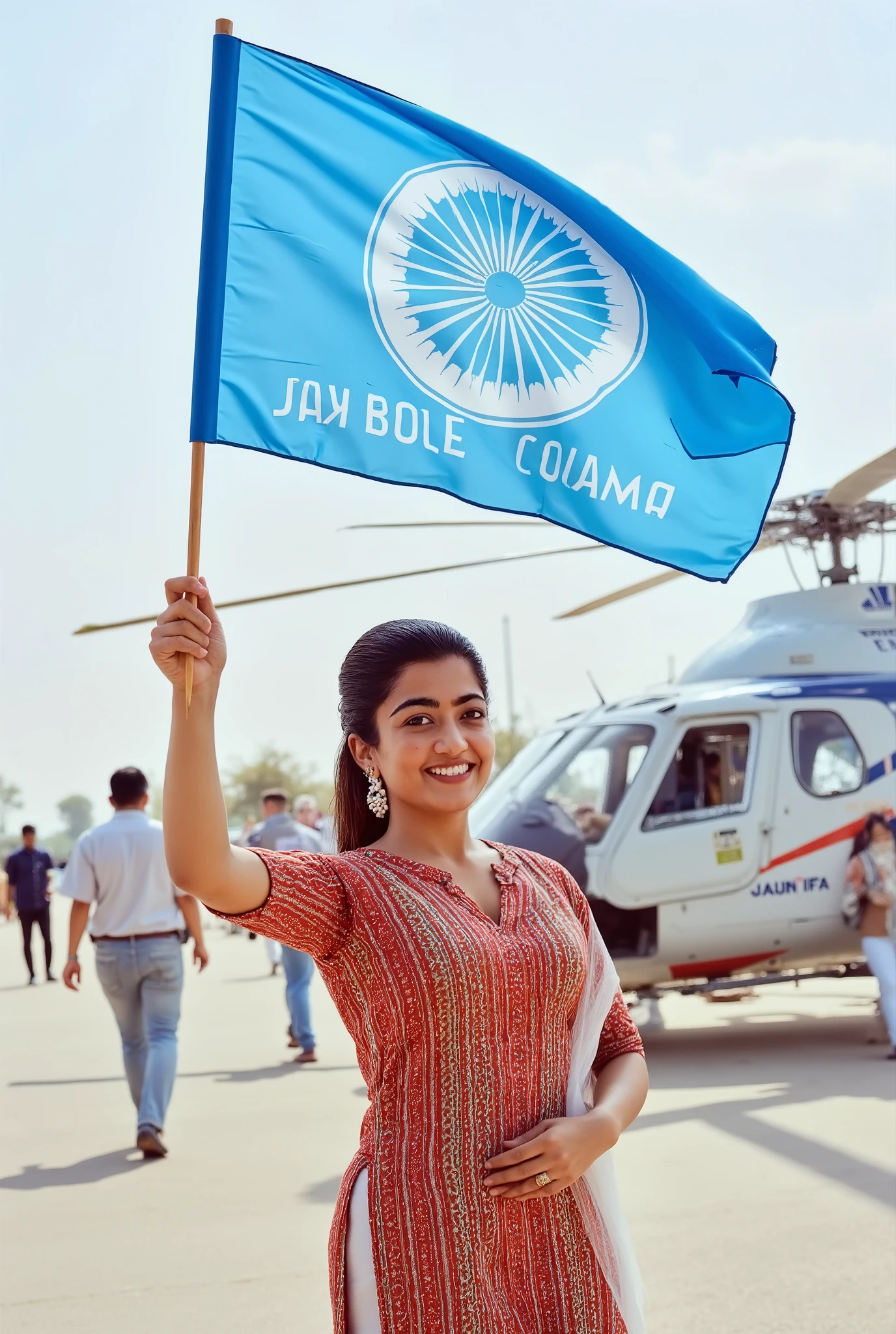 "An Indian young woman, 23 years old, wearing a traditional Anarkali suit in vibrant colors, is holding a blue flag with a medium-sized pole. The flag has a design in the center resembling a wheel, similar to a cycle wheel, and below the wheel, the words 'JAY BHEEM' are prominently written. She is waving the flag upward proudly, standing near a helicopter on a helipad. The helicopter is stationary, with the helipad clearly visible in the background. A few people are walking casually around the area, creating a lively and realistic atmosphere. The scene is bright and inspirational, with a clear sky symbolizing hope and pride."