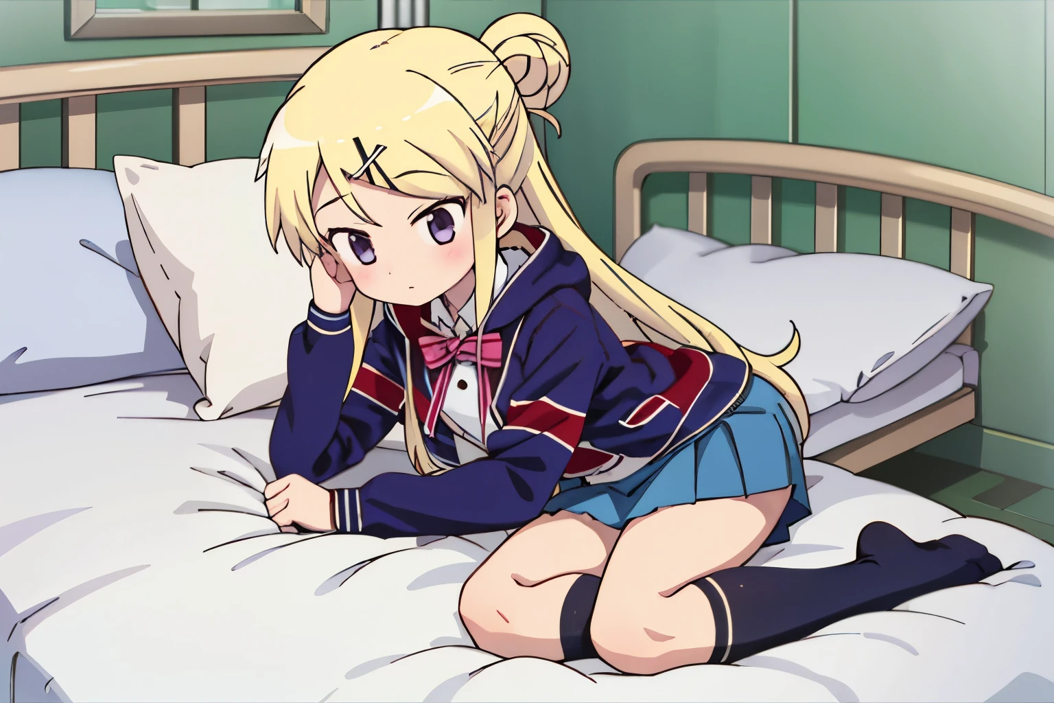 1GIRL SOLO KUJO KAREN UNION JACK JACKET is lying in a thick, unwell miniskirt bed, STRIPED BOW, WHITE SHIRT, LONG SLEEVES, PLEATED SKIRT, BLUE SKIRT, KNEEHIGHS