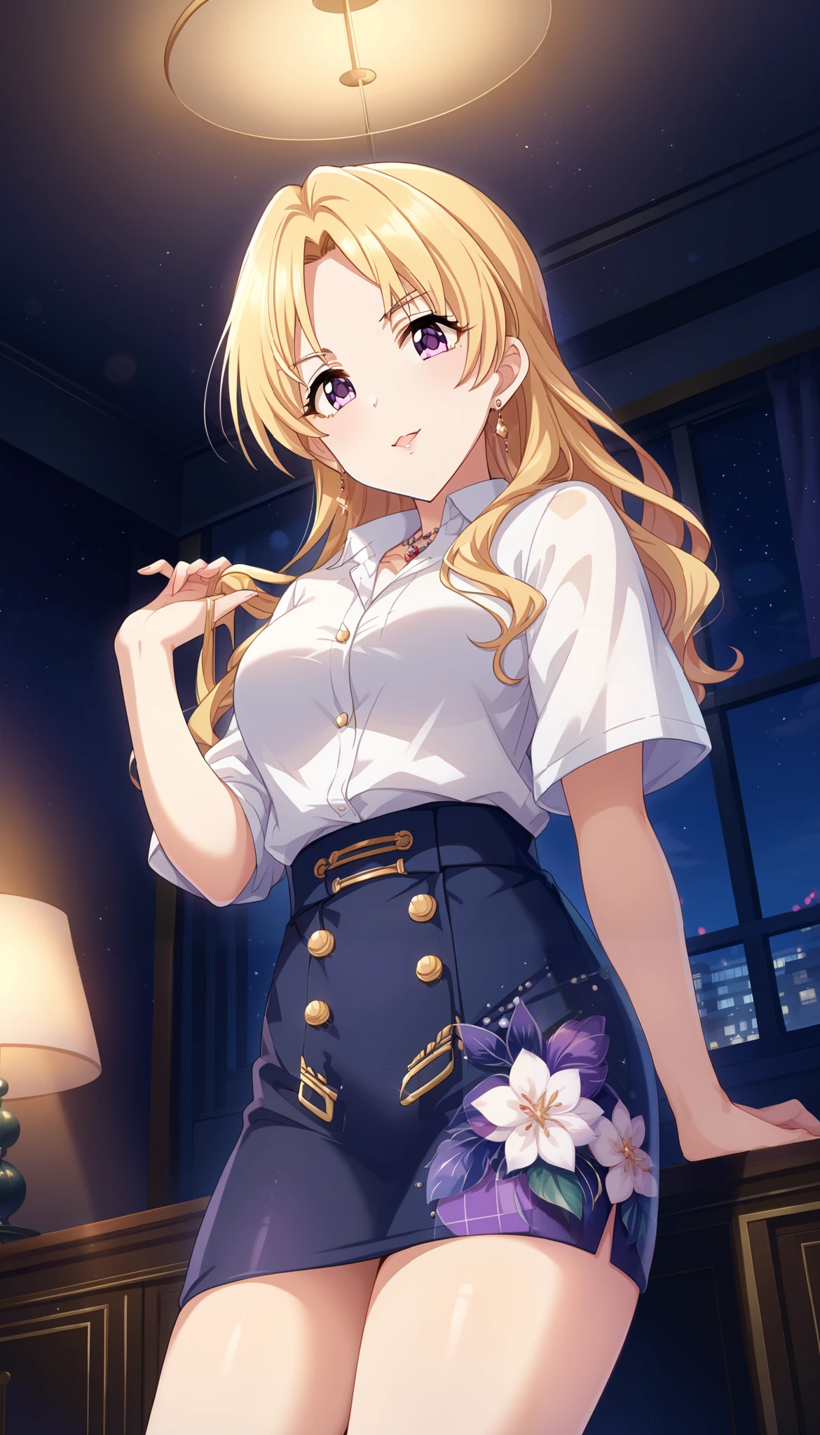 ((Kiryuu Tsukasa))、(( low angle))、 white shirt 、 tight skirt、(( thighs))、 long hair、 pose to raise both arms、room、night、Blonde、 Ulchan-6500-v1.1, ( RAW photos :1.2),  beautiful detailed,  very detailedな目 美しい目, beautiful eyes、 purple eyes、  has a large file size,  high resolution,  very detailed,  best quality, [masterpiece:1.6], Awareness-raising,  very detailed, CG, finely,  best quality, 8K wallpaper,  Perfect Body、 excitement 、 very detailed