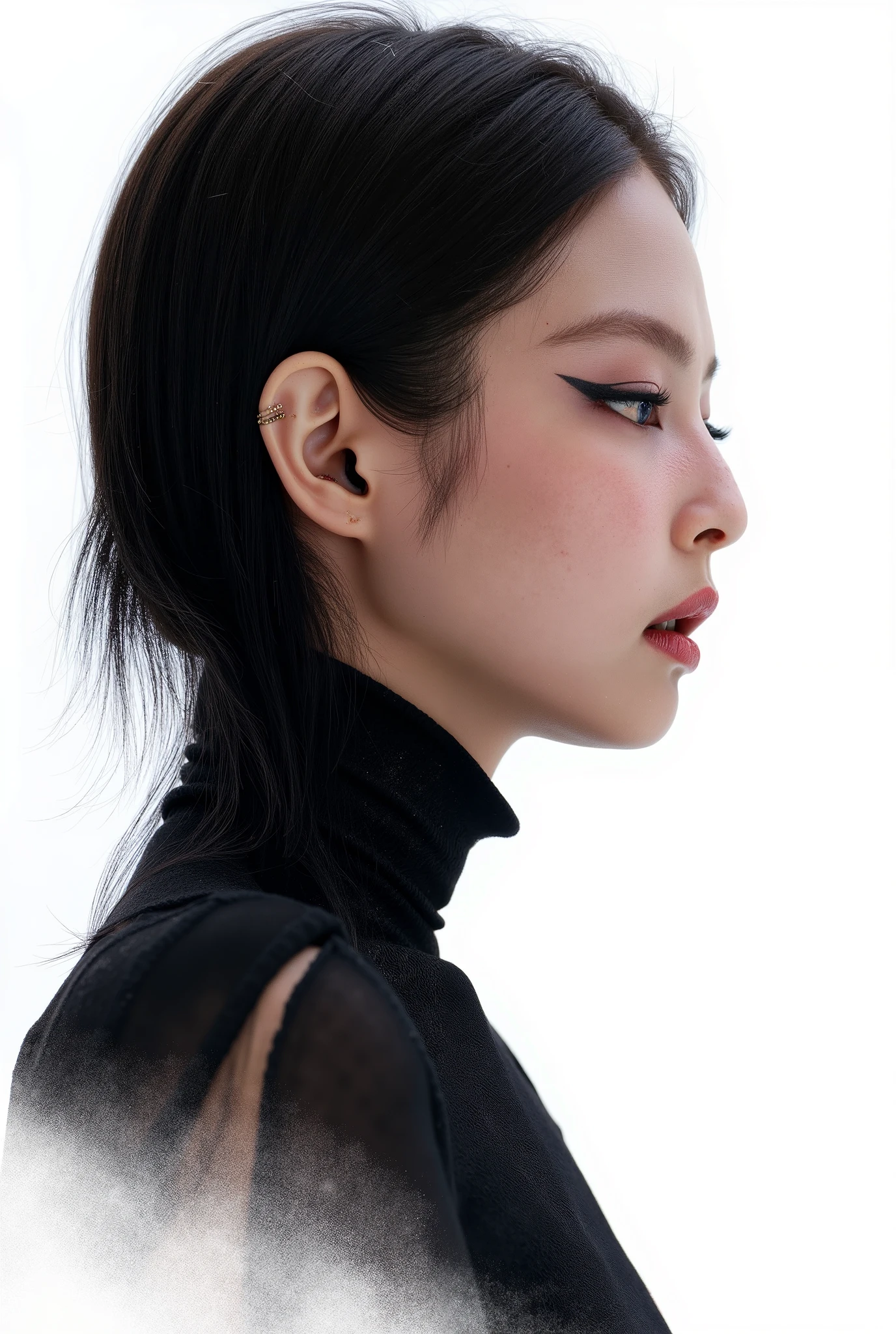 Visually captivating artwork, with skillful use of color, composition, and light. Innovative artwork, showcasing unique and imaginative concepts. ( the villain from god of war game), (hyperrealism), (high-detailed) Emotionally resonant artwork, effectively conveying a narrative. Bust profile image, plain white background, Gothic girl, pale black hair, sexy and merciless eyeliner, sadistic and sad look, imposing expression, red eyes, Illustration of dramatis personae, book illustration, jennie kim ,