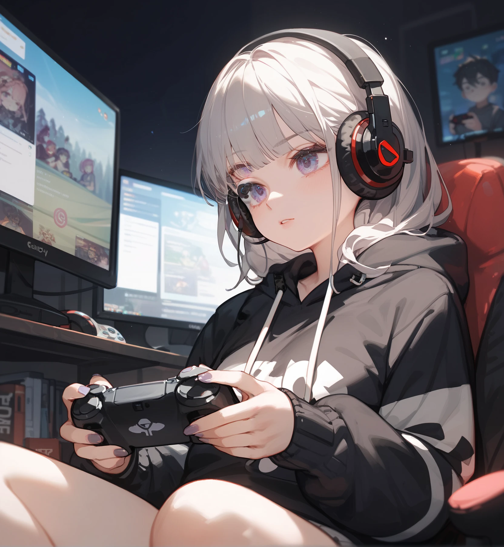 This illustration depicts a cute girl playing a game in her living room. She holds a game controller in her hand and her eyes sparkle. The room has a neon-colored wall and is dimly lit, giving it a futuristic feel. However, the most noteworthy thing is the "last mysterious high-energy body" she emits. This energy body released from her body has the power to obliterate the garbage in the store. The pale light reaches every corner of the room. He is sitting cross-legged in a large chair and is wearing a hoodie. I have headphones on and am engrossed in the game.
