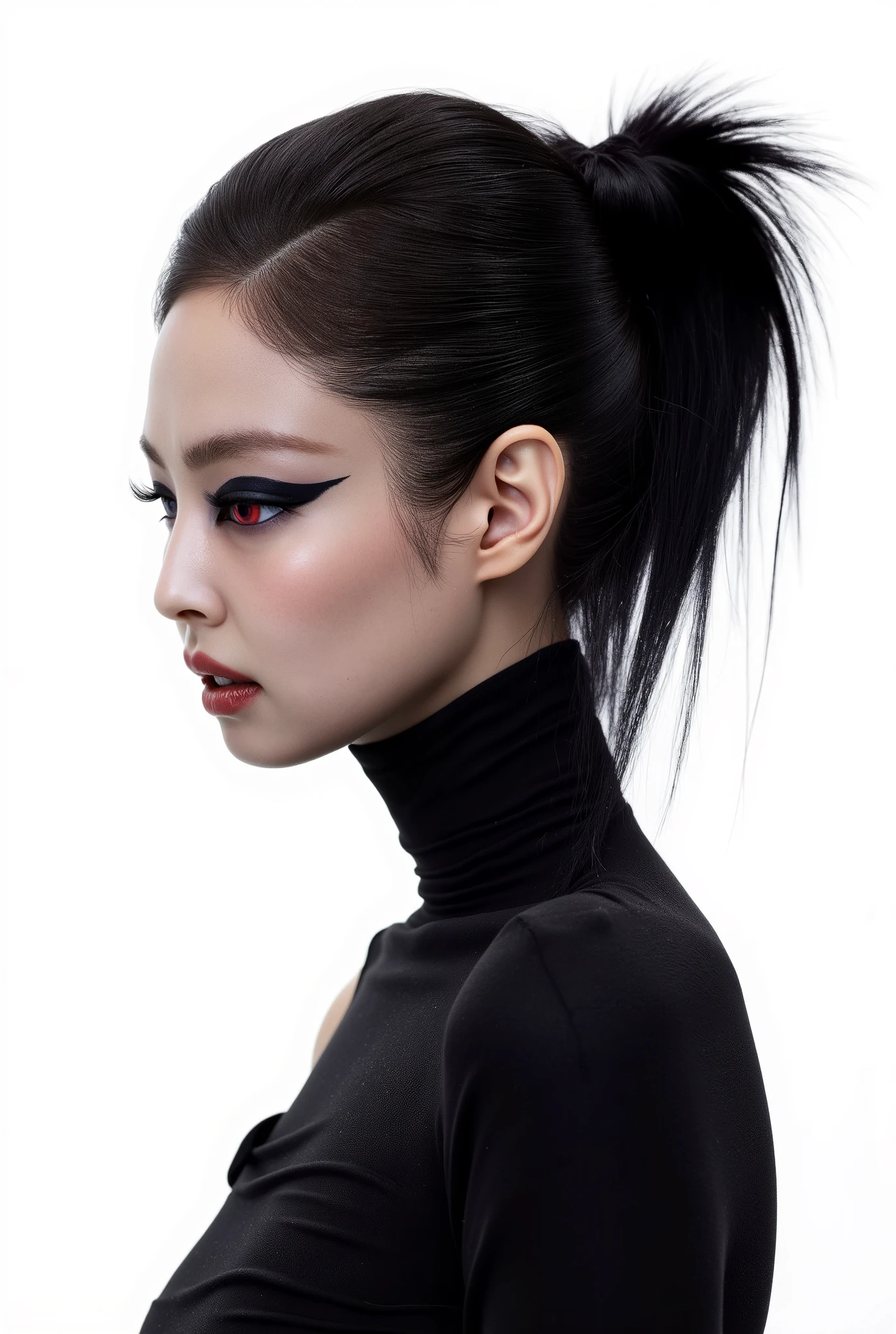 Visually captivating artwork, with skillful use of color, composition, and light. Innovative artwork, showcasing unique and imaginative concepts. ( the villain from god of war game), (hyperrealism), (high-detailed) Emotionally resonant artwork, effectively conveying a narrative. Bust profile image, plain white background, Gothic girl, pale black hair, sexy and merciless eyeliner, sadistic and sad look, imposing expression, red eyes, Illustration of dramatis personae, book illustration, jennie kim ,