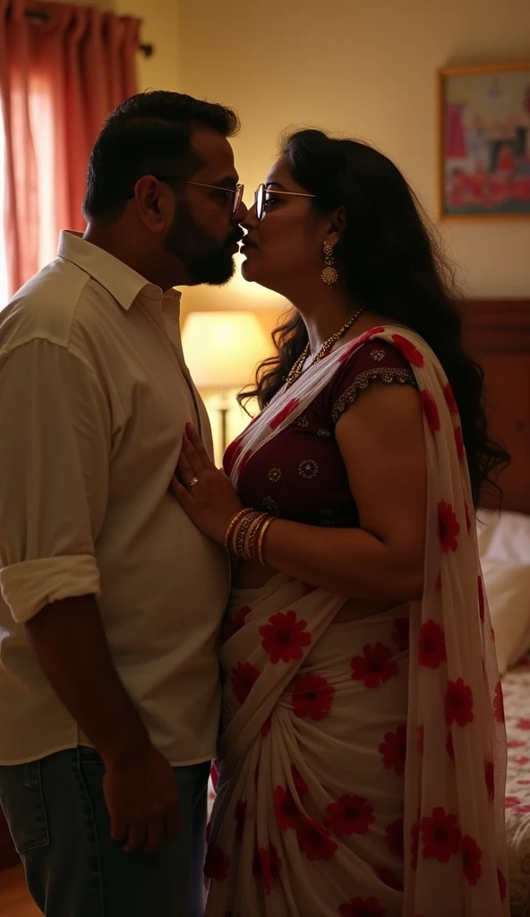 a 50-year-old shirtless man affectionately hugging and kissing aradiant, full-figured South Indian plus-sized 30 year old daughter wearing a off white silky saree in dressing room, (cum Splash on her face and blouse, cum Splash on her face, cum Splash)captured in a full-body image with vibrant hues and meticulous details. Full body image