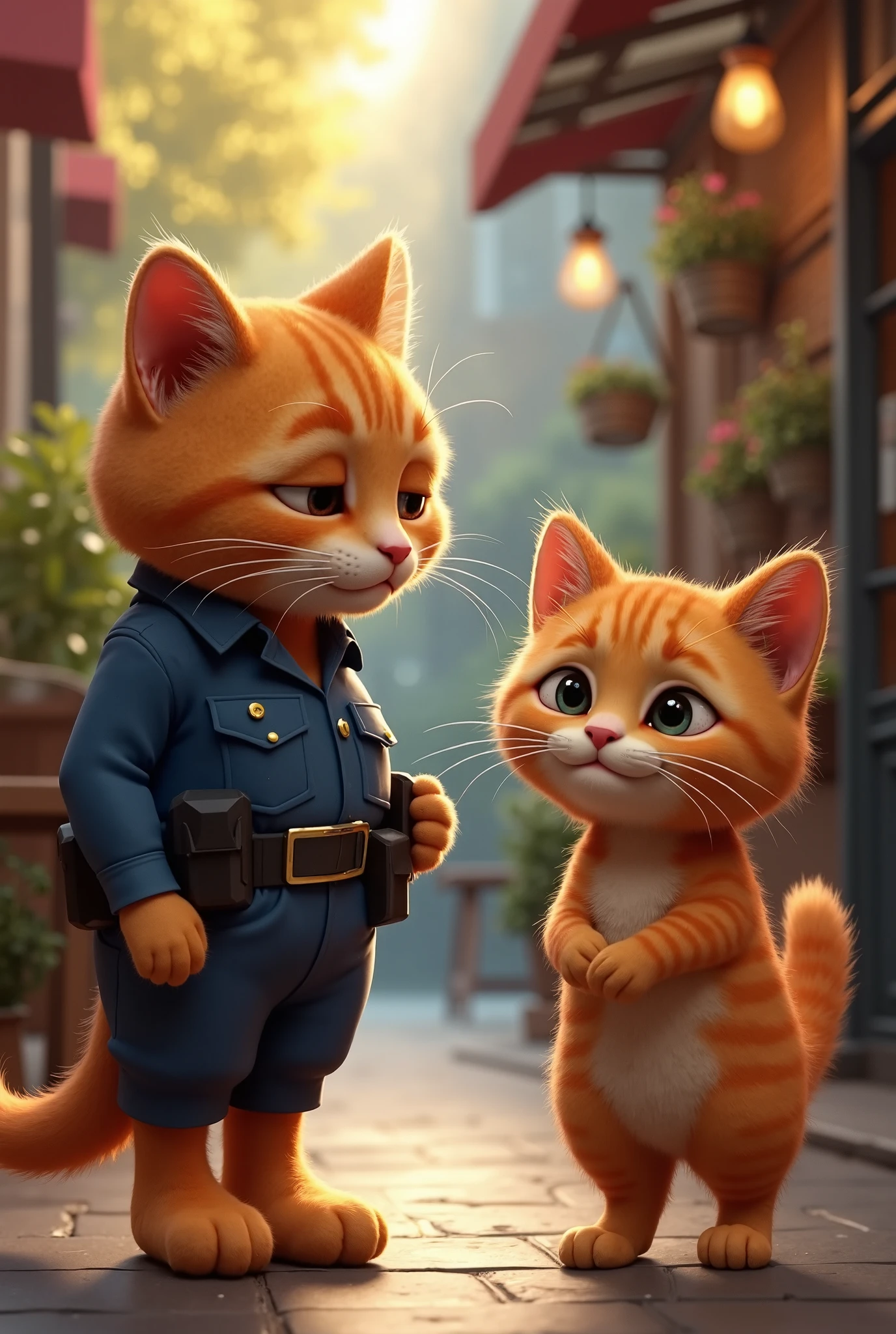 There are two cats standing next to each other on a sidewalk - SeaArt AI
