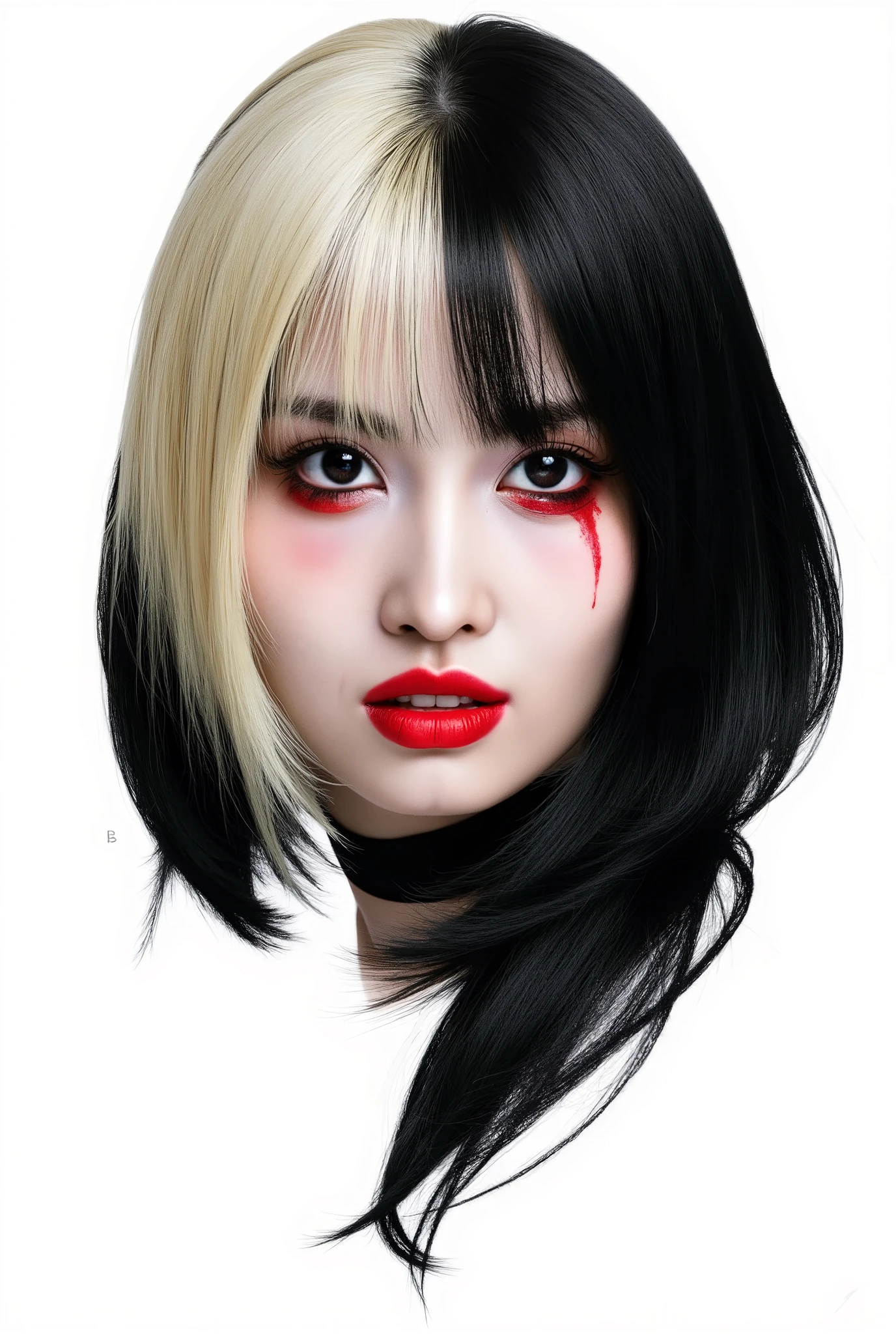 Visually captivating artwork, with skillful use of color, composition, and light. Innovative artwork, showcasing unique and imaginative concepts. ( the villain from god of war game), (hyperrealism), (high-detailed) Emotionally resonant artwork, effectively conveying a narrative.  Bust profile image, plain white background, Gothic girl, pale black hair,  and merciless eyeliner, sadistic and sad look, imposing expression, red eyes, Illustration of dramatis personae, book illustration, momo, blonde short hair,