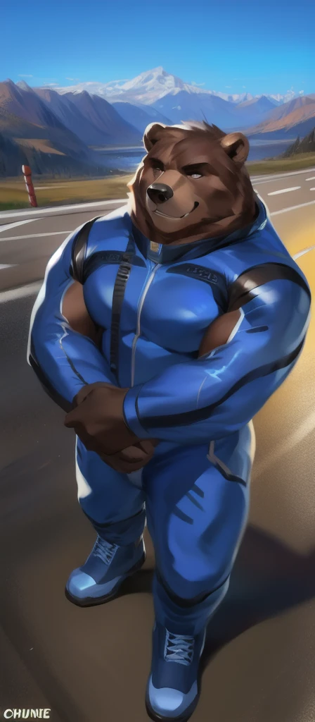 solo, male, brown fur, otter, chase hunter, brown goatee, wearing a (white and blue stripes spandex bodysuit cycling suit lycra, spandex one-piece spandex lycra bodysuit), wearing a (orange chrome sunglasses), wearing a (red sneakers shoes), at a public park, near a bicycle, tent bulge (erection bulge), lustful smile expression, full-body view, sexy pin-up posing, camera view, by zackarry911, by zaush, detailed eye, detailed face