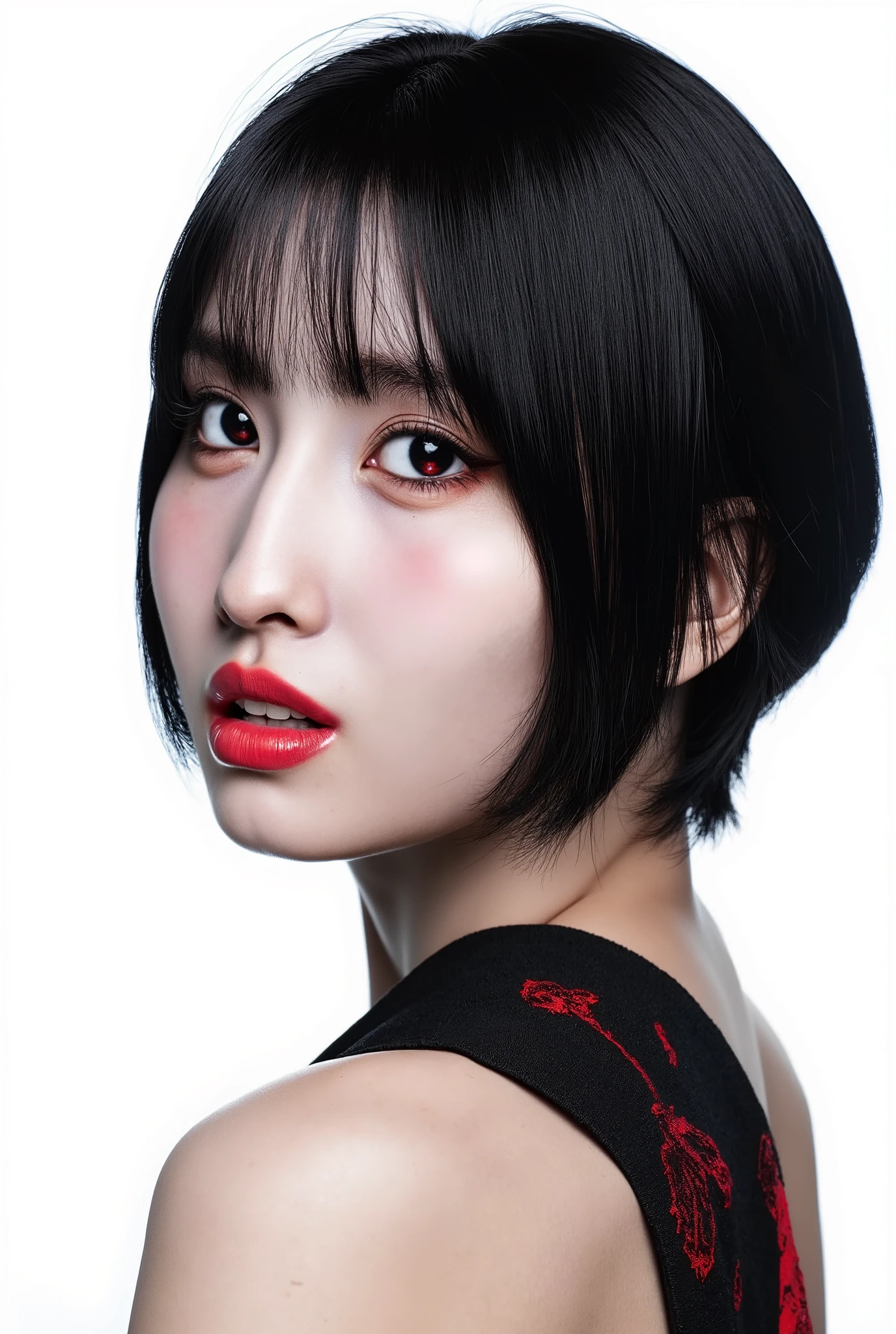 Visually captivating artwork, with skillful use of color, composition, and light. Innovative artwork, showcasing unique and imaginative concepts. ( the villain from god of war game), (hyperrealism), (high-detailed) Emotionally resonant artwork, effectively conveying a narrative.  Bust profile image, plain white background, Gothic girl, pale black hair,  and merciless eyeliner, sadistic and sad look, imposing expression, red eyes, Illustration of dramatis personae, book illustration, momo, blonde short hair,