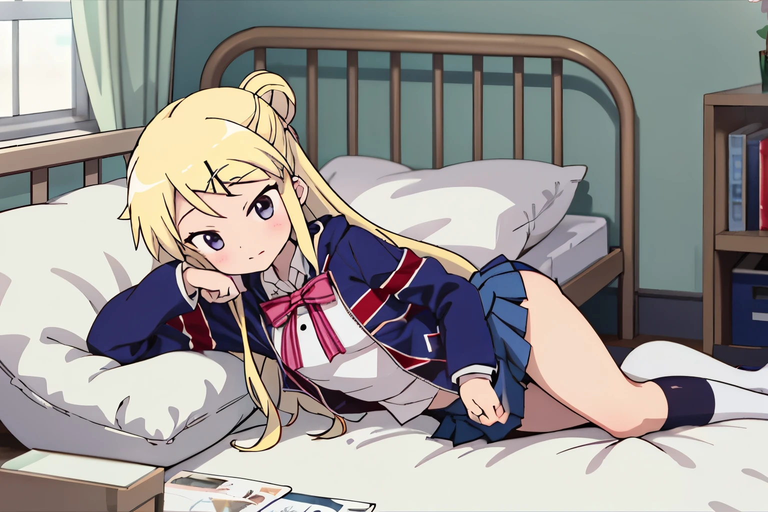 1GIRL SOLO KUJO KAREN UNION JACK JACKET is lying in a thick, unwell miniskirt bed, STRIPED BOW, WHITE SHIRT, LONG SLEEVES, PLEATED SKIRT, BLUE SKIRT, KNEEHIGHS