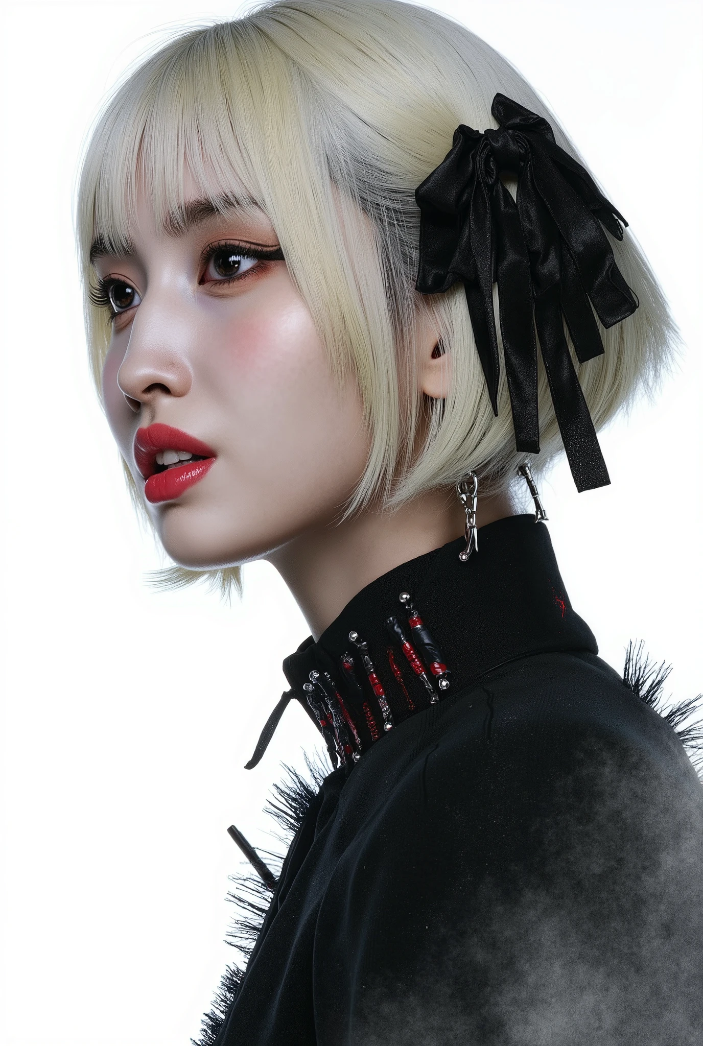 Visually captivating artwork, with skillful use of color, composition, and light. Innovative artwork, showcasing unique and imaginative concepts. ( the villain from god of war game), (hyperrealism), (high-detailed) Emotionally resonant artwork, effectively conveying a narrative. Bust profile image, plain white background, Gothic girl, pale black hair, sexy and merciless eyeliner, sadistic and sad look, imposing expression, red eyes, Illustration of dramatis personae, book illustration, momo, blonde short hair,