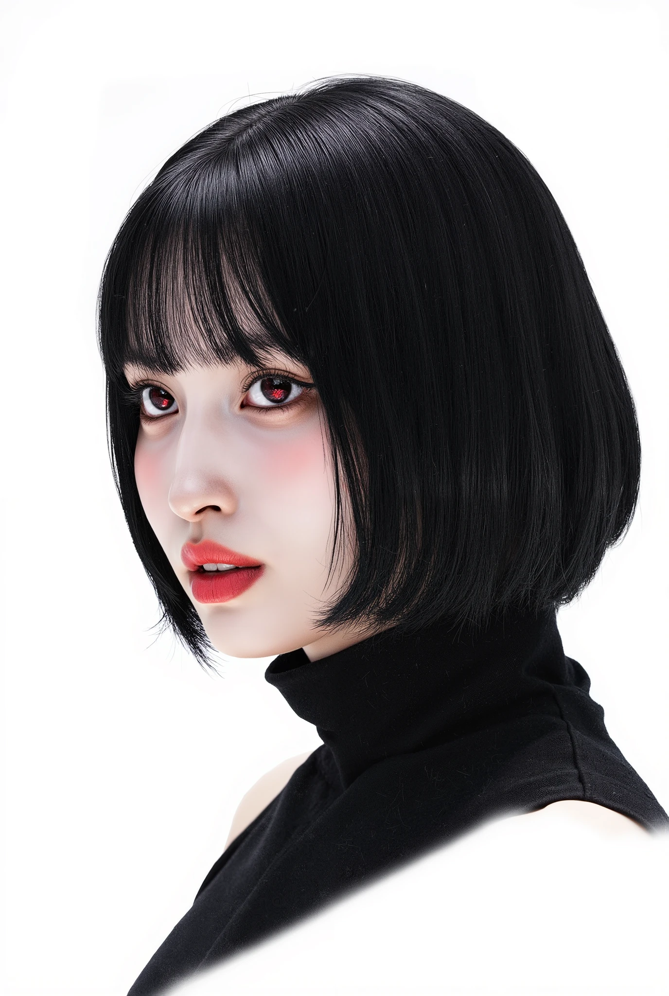 Visually captivating artwork, with skillful use of color, composition, and light. Innovative artwork, showcasing unique and imaginative concepts. ( the villain from god of war game), (hyperrealism), (high-detailed) Emotionally resonant artwork, effectively conveying a narrative.  Bust profile image, plain white background, Gothic girl, pale black hair,  and merciless eyeliner, sadistic and sad look, imposing expression, red eyes, Illustration of dramatis personae, book illustration, momo, blonde short hair,