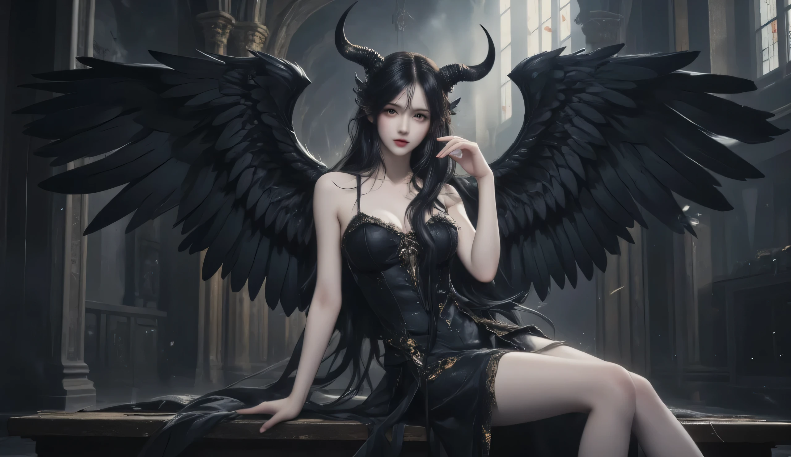 A breathtaking fallen angel seated gracefully in a dimly lit, gothic cathedral. She has long, flowing black hair cascading over her shoulders, paired with striking golden eyes that exude both sorrow and power. Her horns curve elegantly from her head, symbolizing her fall from grace.
She is adorned in a sleek, black, lace-embroidered gown that clings to her form, exuding both elegance and mystery. Her massive black feathered wings spread behind her, dark and imposing, yet radiating a melancholic beauty.
The environment is atmospheric, with towering gothic arches, soft shafts of light cutting through the gloom, and subtle dust particles floating in the air, enhancing the ethereal yet somber mood. Her expression is one of quiet defiance, mixed with a tinge of regret, as she gazes into the distance, embodying the tragic allure of a fallen angel.