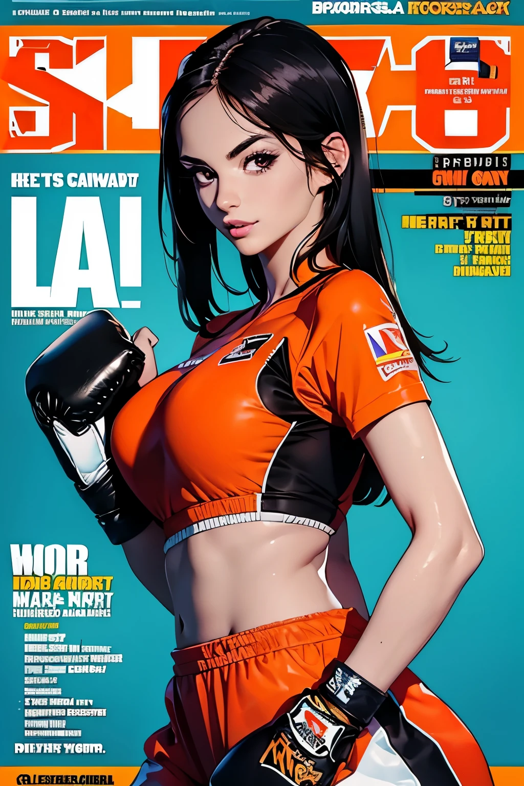 Full-length sports magazine cover photo . Beautiful woman . 28 years old . Romanian . Height 173 centimeters . chest size 4 . black hair . brown eyes . Wearing a training uniform . is training. He is engaged in boxing . she smiles .