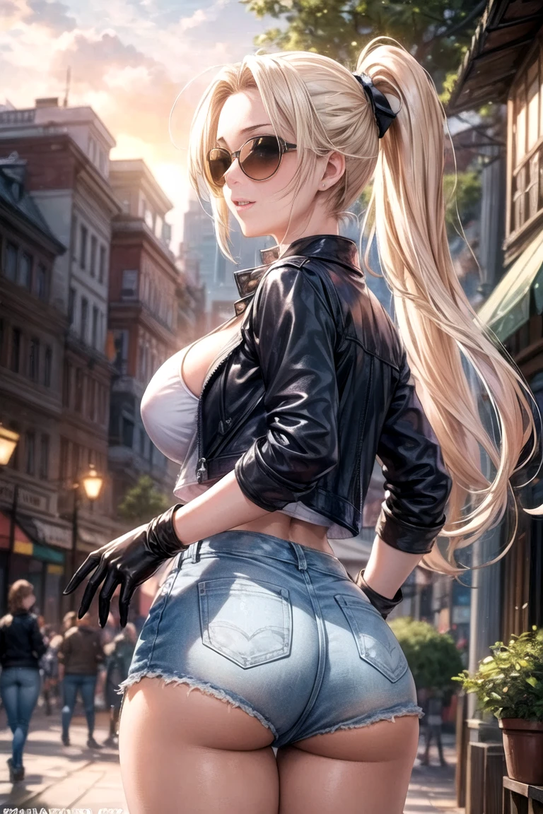 masterpiece, top quality, Full HD, 16k, Bold Poses to Seduce Men, accurate human body, correct human anatomy , A fascinating scene, bewitching smile,(( Late Night, Outdoors, Red Light District, night view )), ((((( looking back:2.0, sexy action during the setting sun ))))), one woman :2.0, Alone , Observe the Audience,(( Blonde、long hair_ ponytail_blue ribbon、blue eyes、 beautiful white skin、Small Nose )), ( Open Your Eyes , shut up, mature body _ far beyond age showing :1.6, long legs ), (( abnormally large breasts ,Pcup breast, deep cleavage )), (((( one pair of sunglasses, blue leather jacket, heavy shirt, denim hot pants,leather thimble gloves ))), 18 years old, German, ( Highlight ponytail hairstyles ) Colours of the 90s, active angle, anime celltone ,Bright screen.