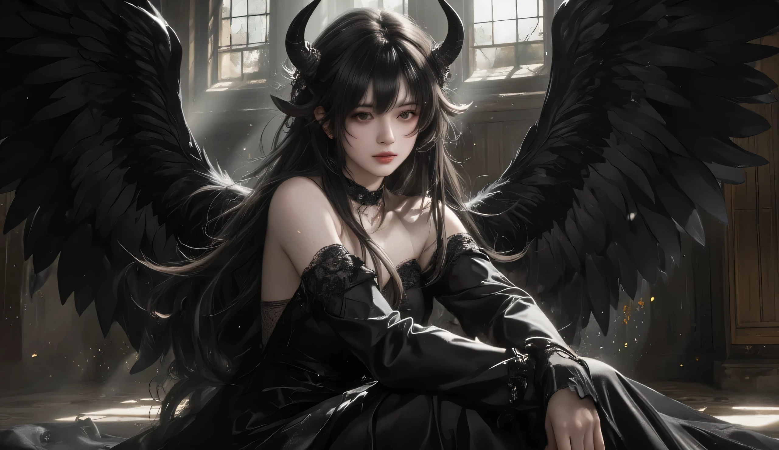 A breathtaking fallen angel seated gracefully in a dimly lit, gothic cathedral. She has long, flowing black hair cascading over her shoulders, paired with striking golden eyes that exude both sorrow and power. Her horns curve elegantly from her head, symbolizing her fall from grace.
She is adorned in a sleek, black, lace-embroidered gown that clings to her form, exuding both elegance and mystery. Her massive black feathered wings spread behind her, dark and imposing, yet radiating a melancholic beauty.
The environment is atmospheric, with towering gothic arches, soft shafts of light cutting through the gloom, and subtle dust particles floating in the air, enhancing the ethereal yet somber mood. Her expression is one of quiet defiance, mixed with a tinge of regret, as she gazes into the distance, embodying the tragic allure of a fallen angel.