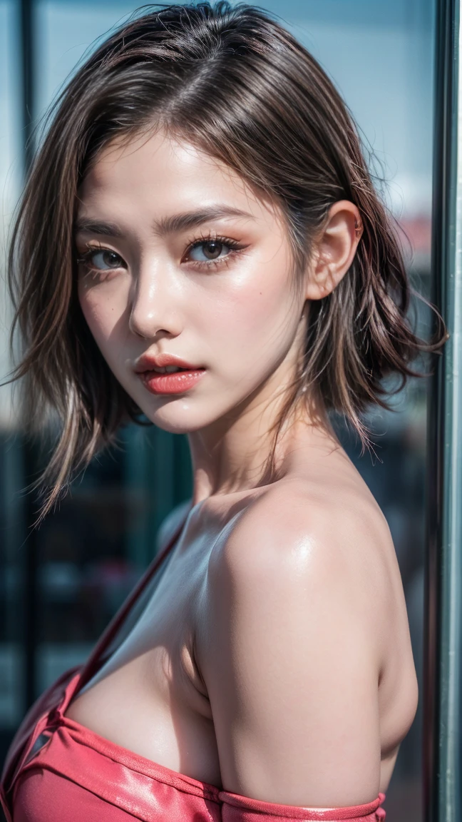 Realistic (photorealistic Realism), (high resolution), ((intricately detailed digital art)), professional photography, (portrait) a cute 1 Female, European, (ultra realistic texture details: velvety skin, hair),((sharp focus, no blurr eyes, high resolution, absurd quality, Realistic brown_eyes:1.4),intricately detail:1.35),((extremely fine details eyes))((extra narrow eyebrows))(Carefully draw Long blue_eyelashes:1.2)(perfect round eyes:1.3).((finely detailed pupils:1.3))((extremely fine details pupils:1.3))((extremely fine details iris of the eyes:1.35))(Shining, mesmerizing, Vibrant eyes:1.22).(professional makeup:1.4)((perfect dark_eyeshadows:1.4)),detailed lips:1.3,(apply glossy red_lipstick:1.3)(pink_makeup:1.28), (beautiful little nose), (perfect proportions:1.2),(small head),(anatomically correct), perfect female body, Wear an off-the-shoulder, full bodyesbian, Old luxurios villa with a beautful oasen view, detailed lips:1.3, (apply glossy red_lipstick:1.35), (pink_makeup:1.3), (professional makeup:1.4), (perfect proportions:1.2),(anatomically correct), perfect female body, (Super beautiful), (vivid and colorful), The attention to detail, focus of girl, dynamic pose, sexy and seductive, flirty smile, dslr, high quality split lighting, sharp focus captured by Fujifilm XT3, f 5.6, (perfect composition), (full body shot)