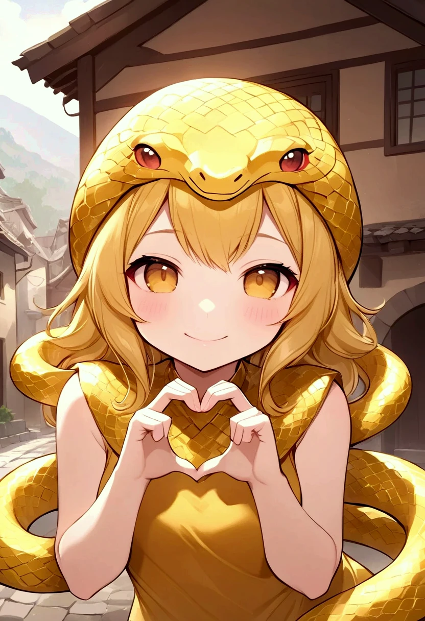 female, young adult, glad, smiling, bashful, looking at viewer, making a heart with fingers, in the village, cowboy shot, dynamic angle, golden snake girl