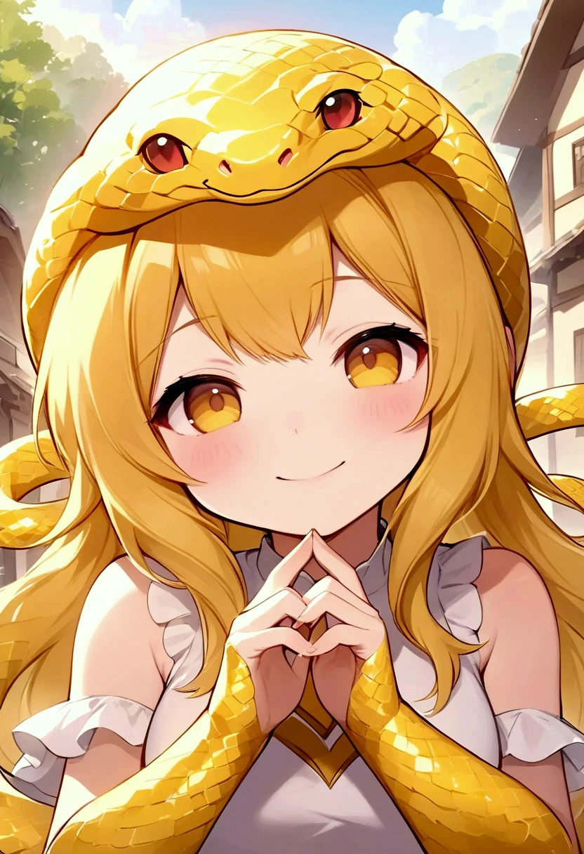 female, young adult, glad, smiling, bashful, looking at viewer, making a heart with fingers, in the village, cowboy shot, dynamic angle, golden snake girl