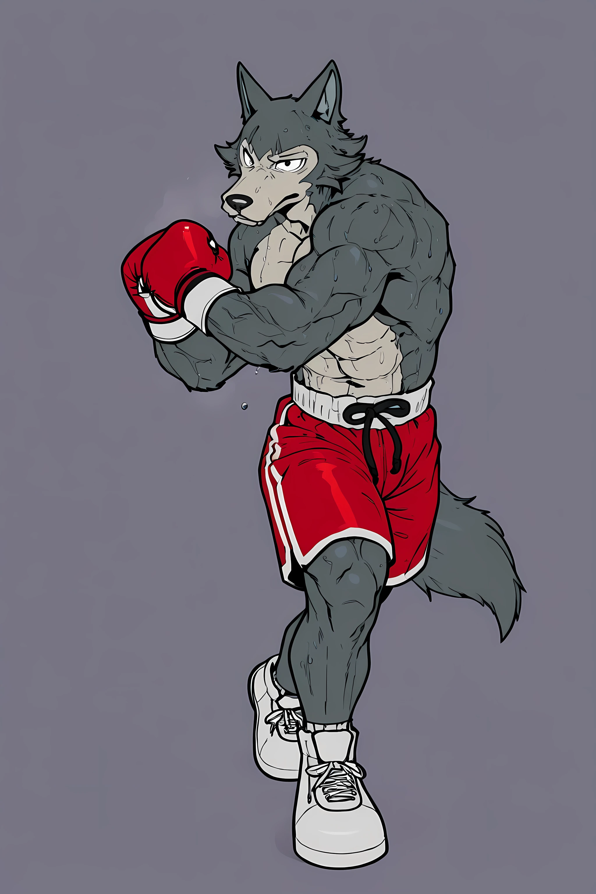 l3gosh1, beastars, male, solo, wolf, muscular, athletic, masculine, (small eyes), flat color, boxing_gloves, simple background, sweaty body, veiny arms, bulging muscles, boxing_stance, boxing, dynamic_pose, posing, boxing_shoes, boxing_shorts, full body, glistening body, boxing_pov,